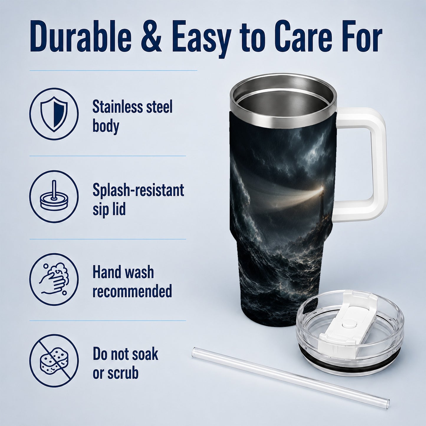 #pl[40oz|White] Storm Lighthouse 40oz Tumbler with Handle, Ocean Night Art