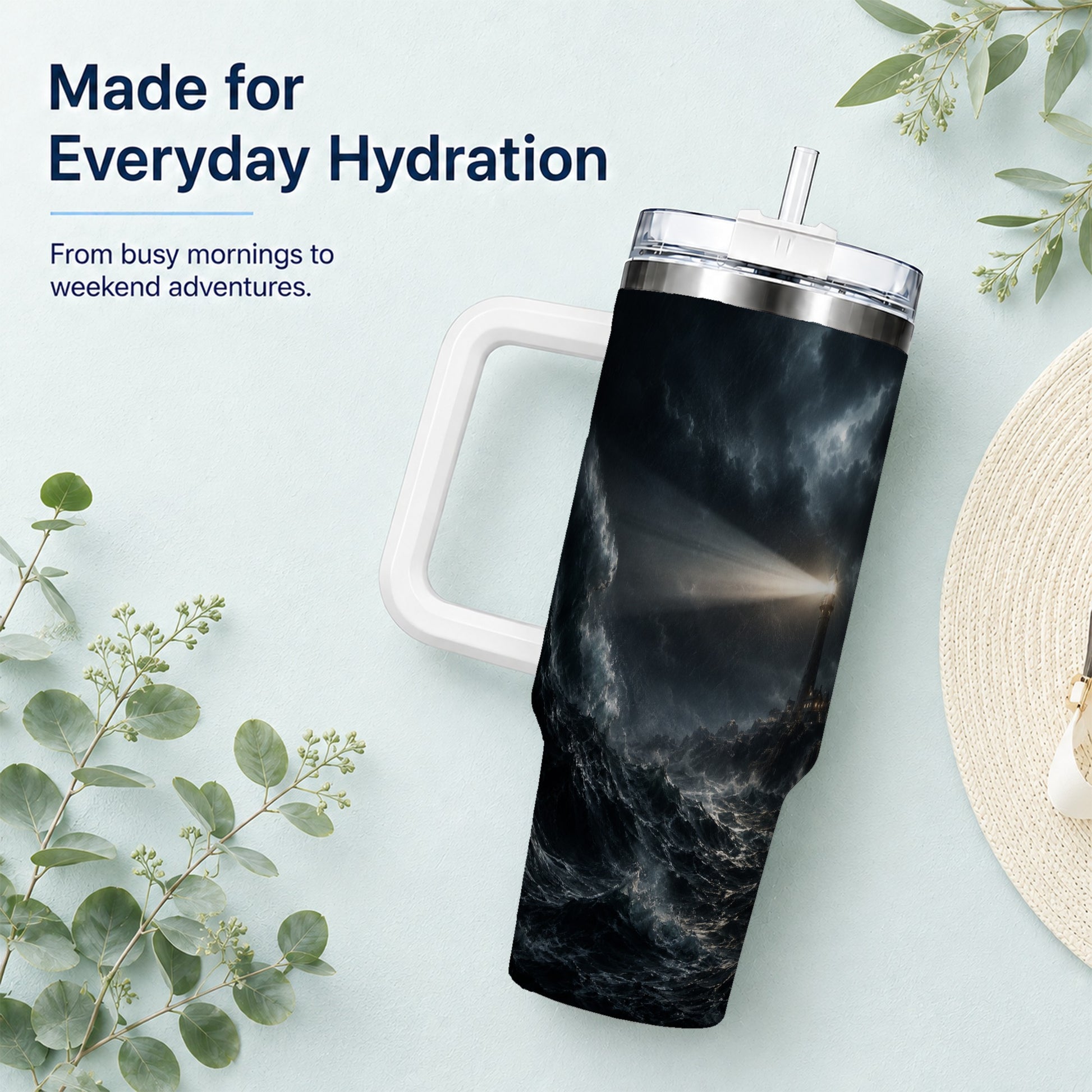#pl[40oz|White] Storm Lighthouse 40oz Tumbler with Handle, Ocean Night Art