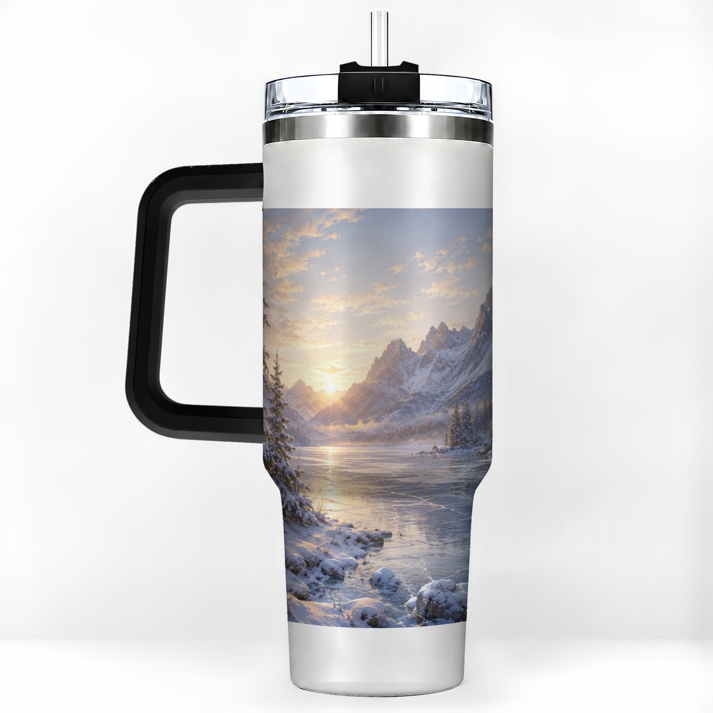 #pl[40oz|Black] Winter Mountain Sunrise 40oz Tumbler with Handle, Alpine Art