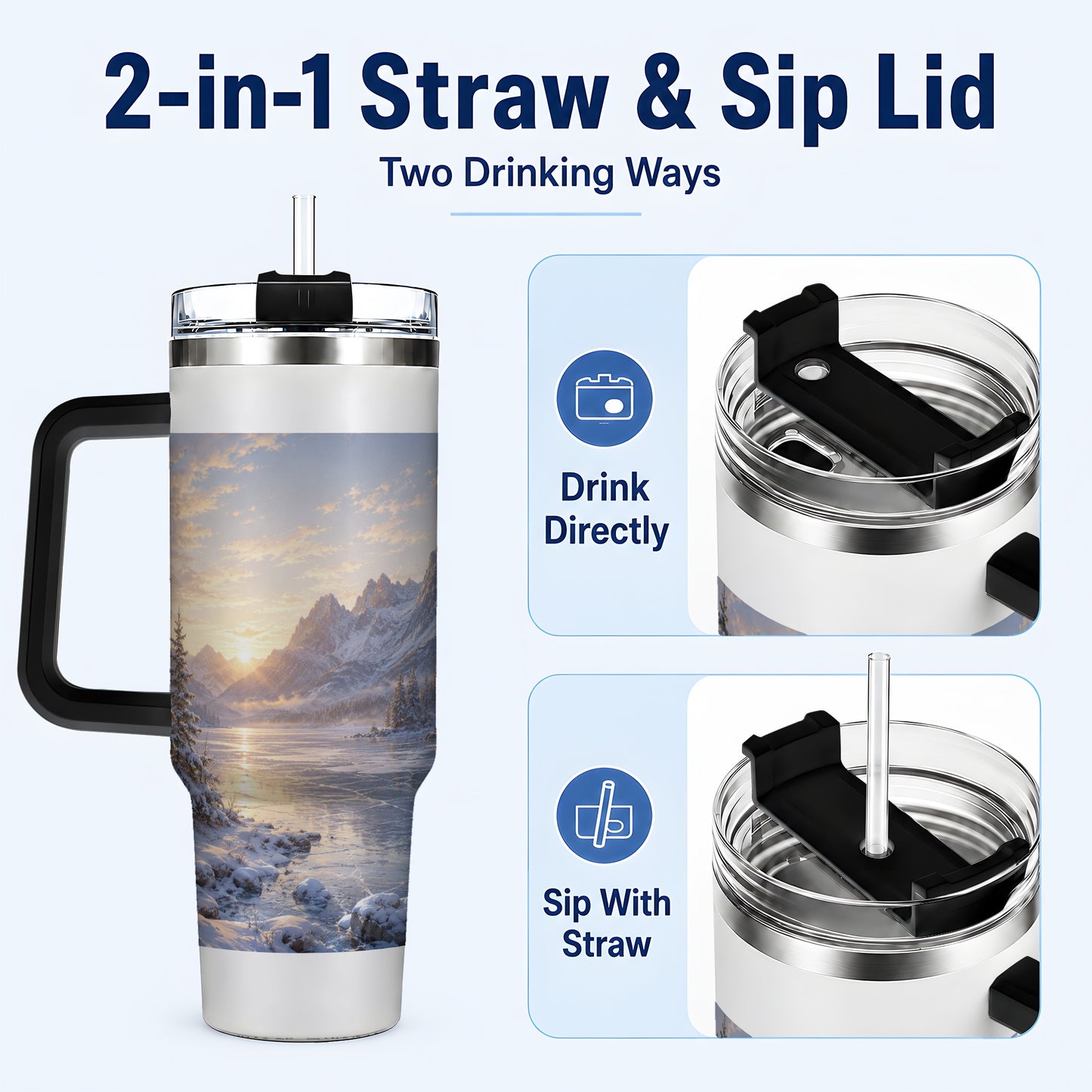 #pl[40oz|Black] Winter Mountain Sunrise 40oz Tumbler with Handle, Alpine Art