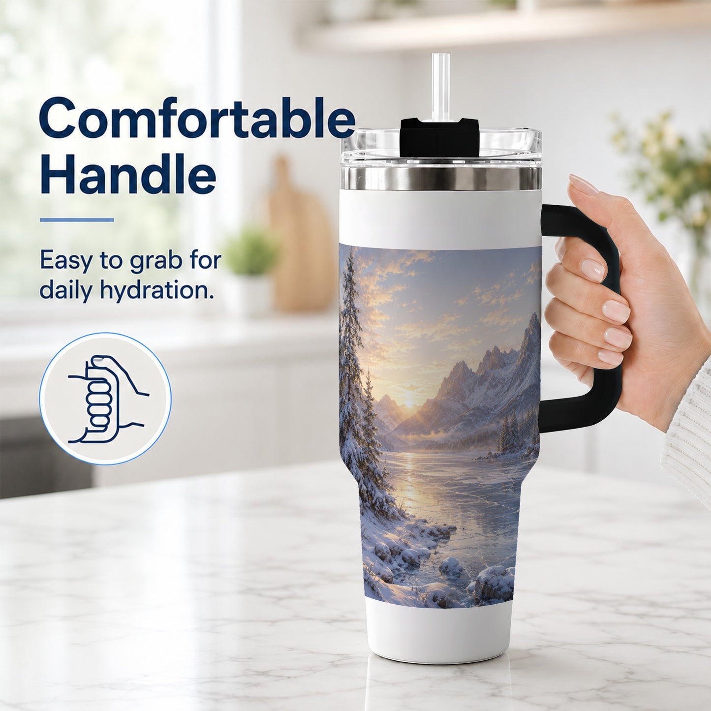 #pl[40oz|Black] Winter Mountain Sunrise 40oz Tumbler with Handle, Alpine Art