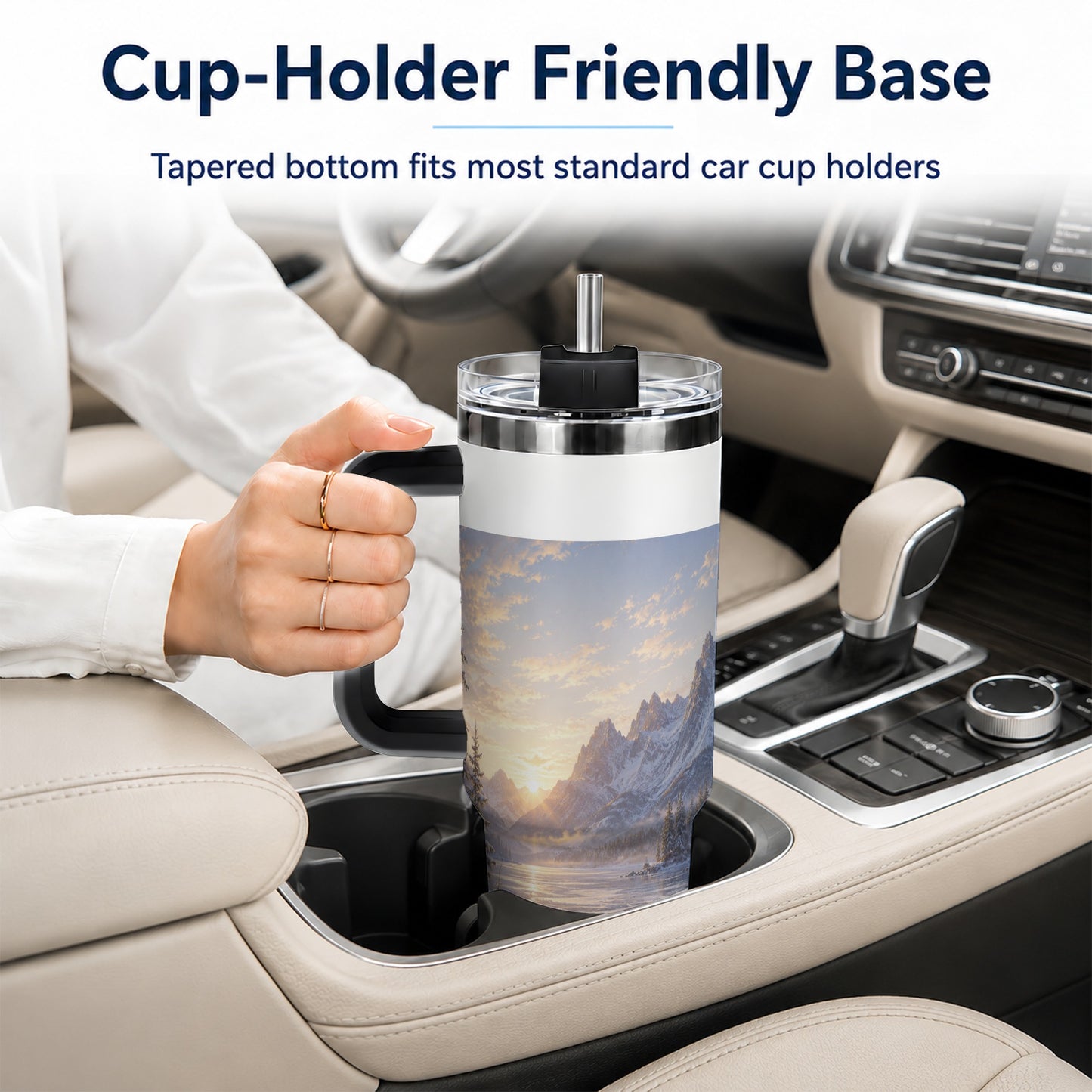 #pl[40oz|Black] Winter Mountain Sunrise 40oz Tumbler with Handle, Alpine Art