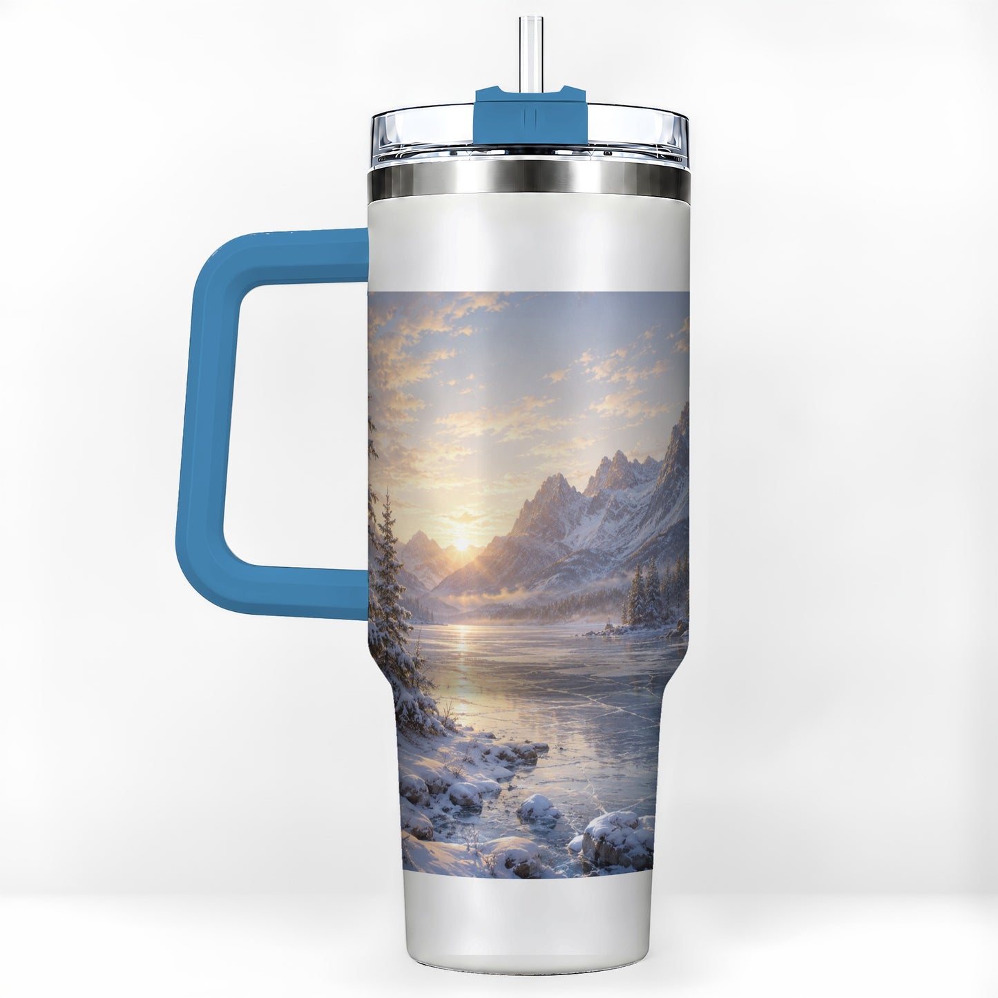#pl[40oz|Blue] Winter Mountain Sunrise 40oz Tumbler with Handle, Alpine Art