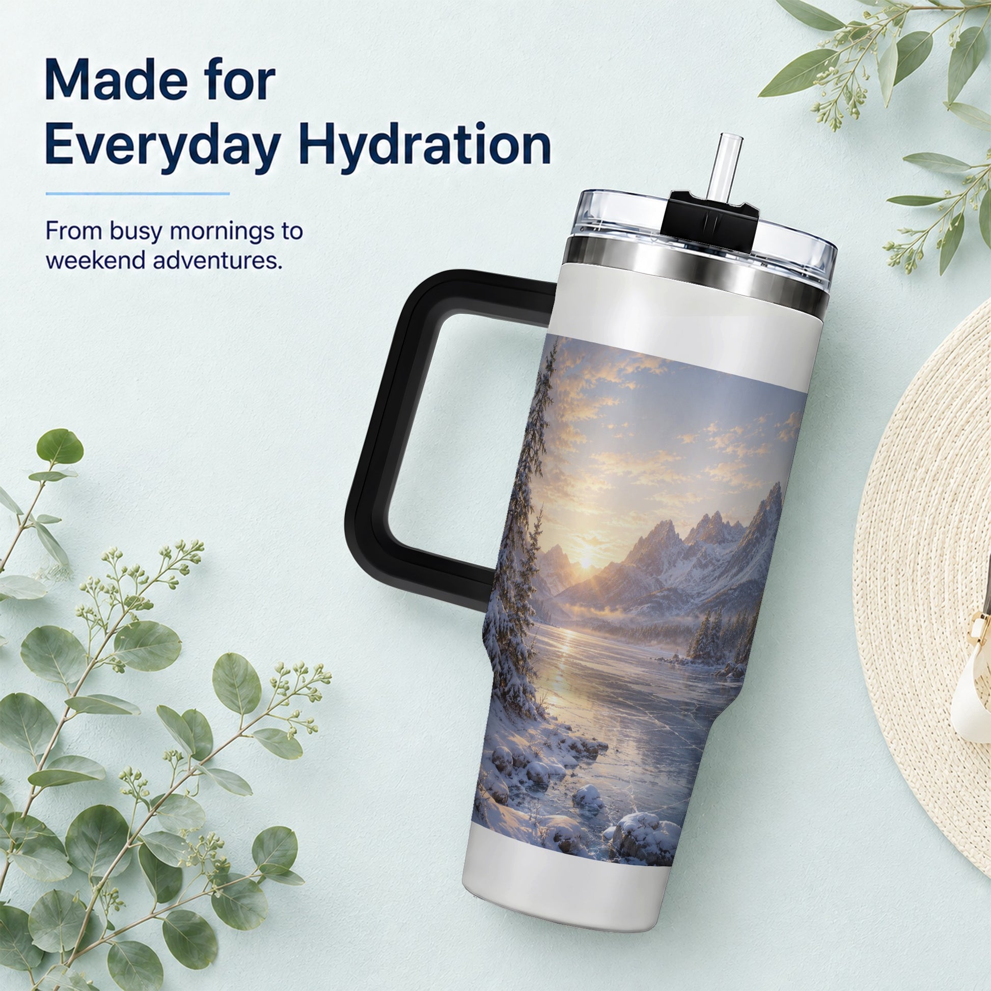 #pl[40oz|Black] Winter Mountain Sunrise 40oz Tumbler with Handle, Alpine Art