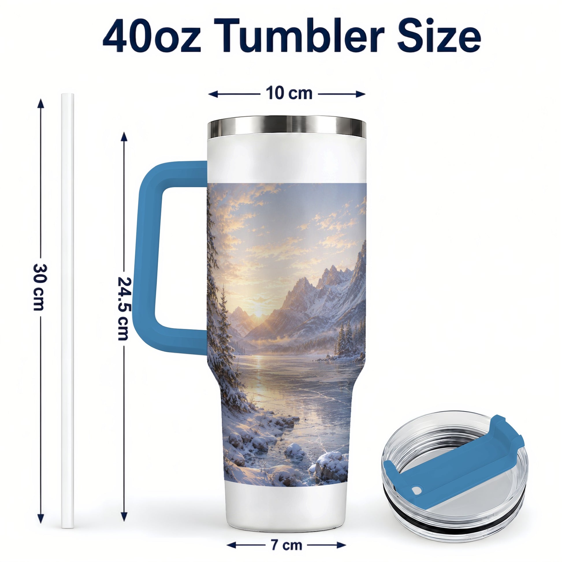 #pl[40oz|Blue] Winter Mountain Sunrise 40oz Tumbler with Handle, Alpine Art