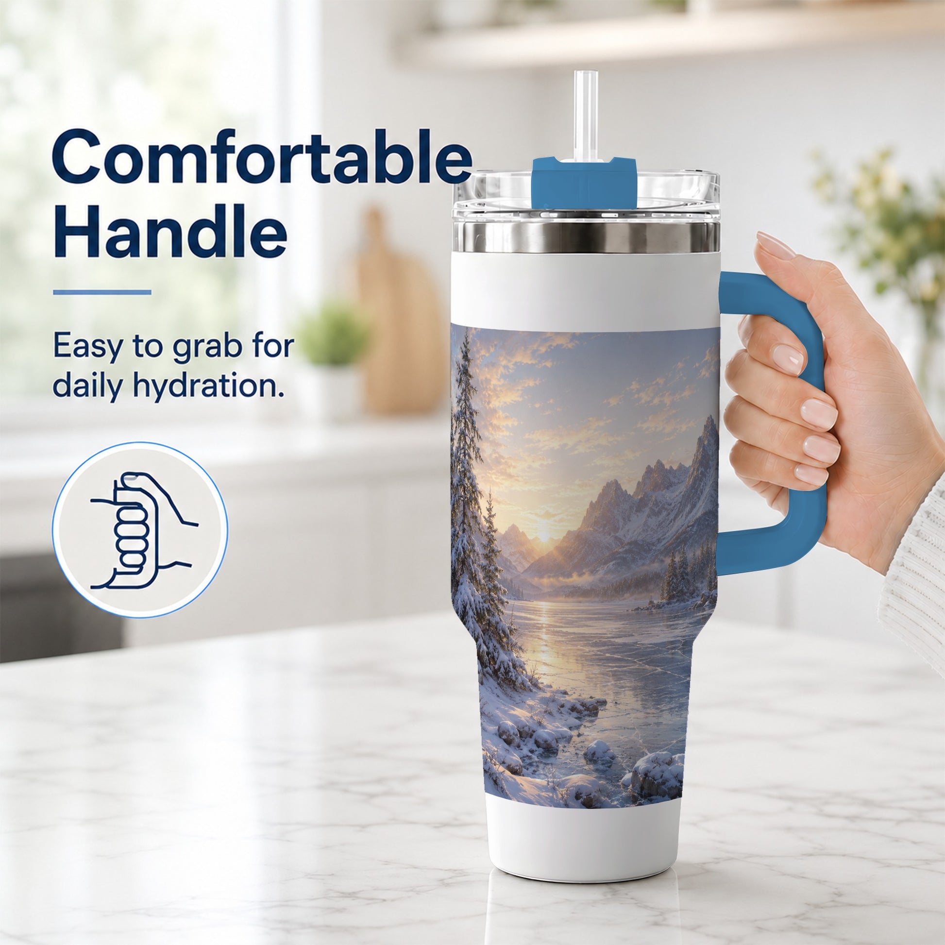 #pl[40oz|Blue] Winter Mountain Sunrise 40oz Tumbler with Handle, Alpine Art