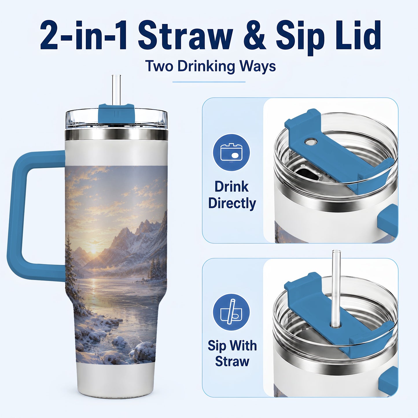 #pl[40oz|Blue] Winter Mountain Sunrise 40oz Tumbler with Handle, Alpine Art