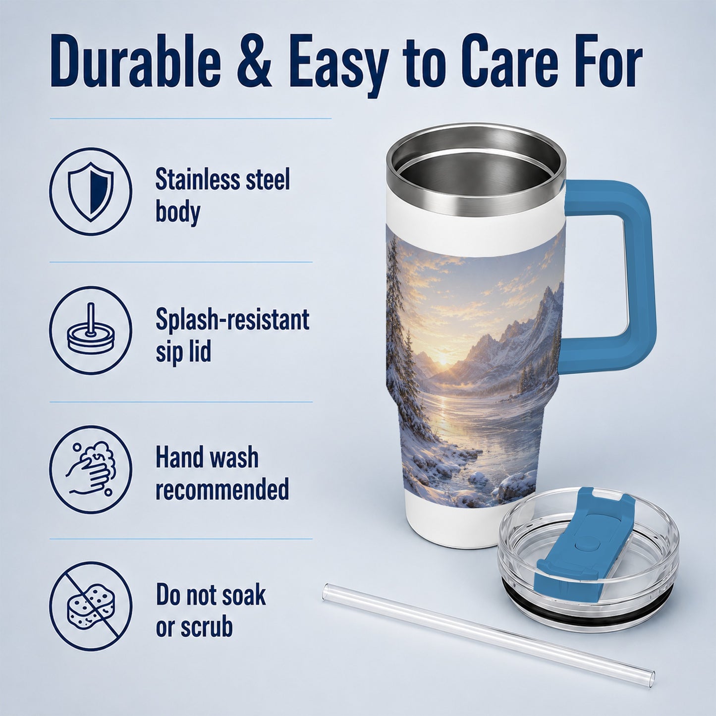 #pl[40oz|Blue] Winter Mountain Sunrise 40oz Tumbler with Handle, Alpine Art