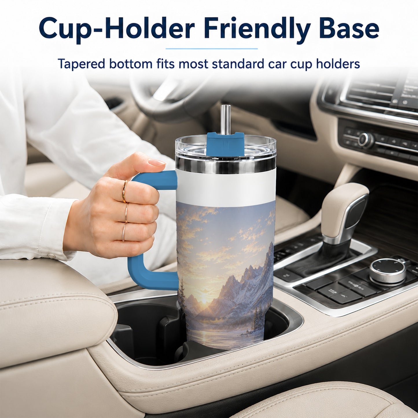 #pl[40oz|Blue] Winter Mountain Sunrise 40oz Tumbler with Handle, Alpine Art