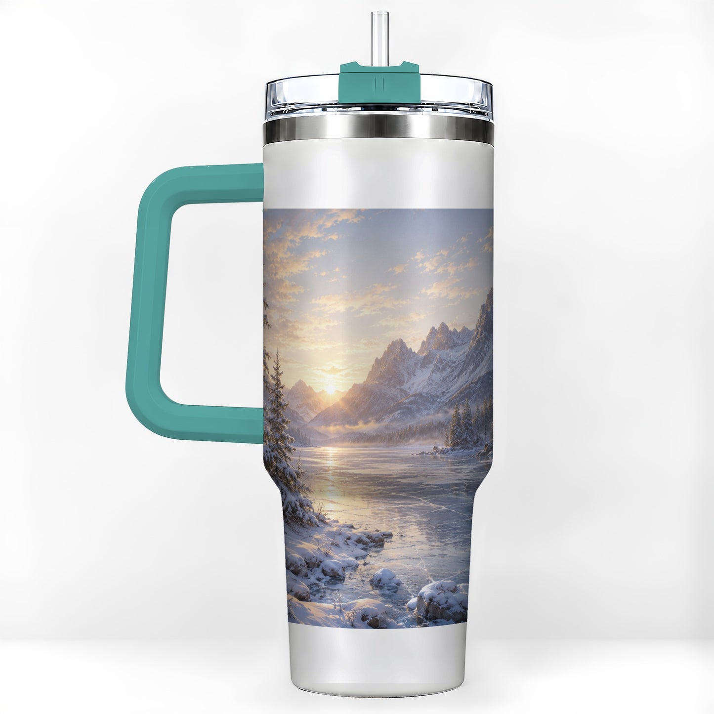 #pl[40oz|Green] Winter Mountain Sunrise 40oz Tumbler with Handle, Alpine Art