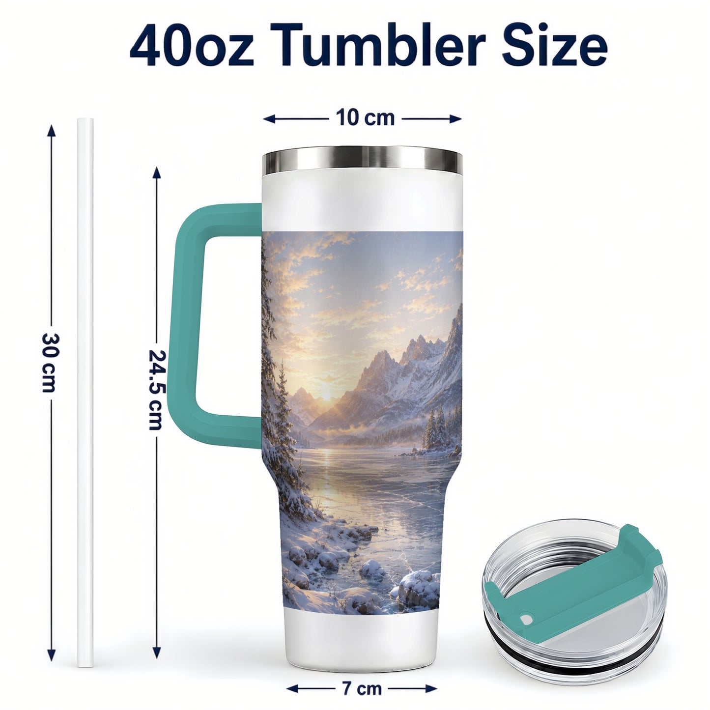 #pl[40oz|Green] Winter Mountain Sunrise 40oz Tumbler with Handle, Alpine Art