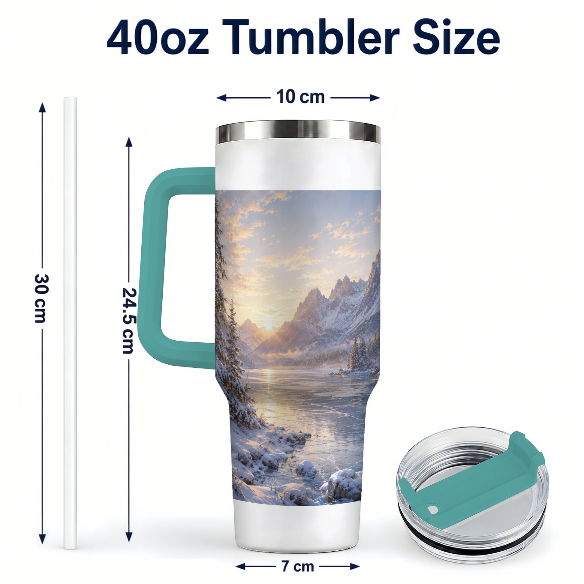 #pl[40oz|Green] Winter Mountain Sunrise 40oz Tumbler with Handle, Alpine Art