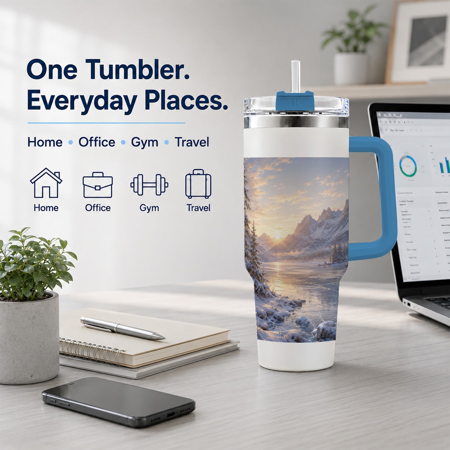 #pl[40oz|Blue] Winter Mountain Sunrise 40oz Tumbler with Handle, Alpine Art