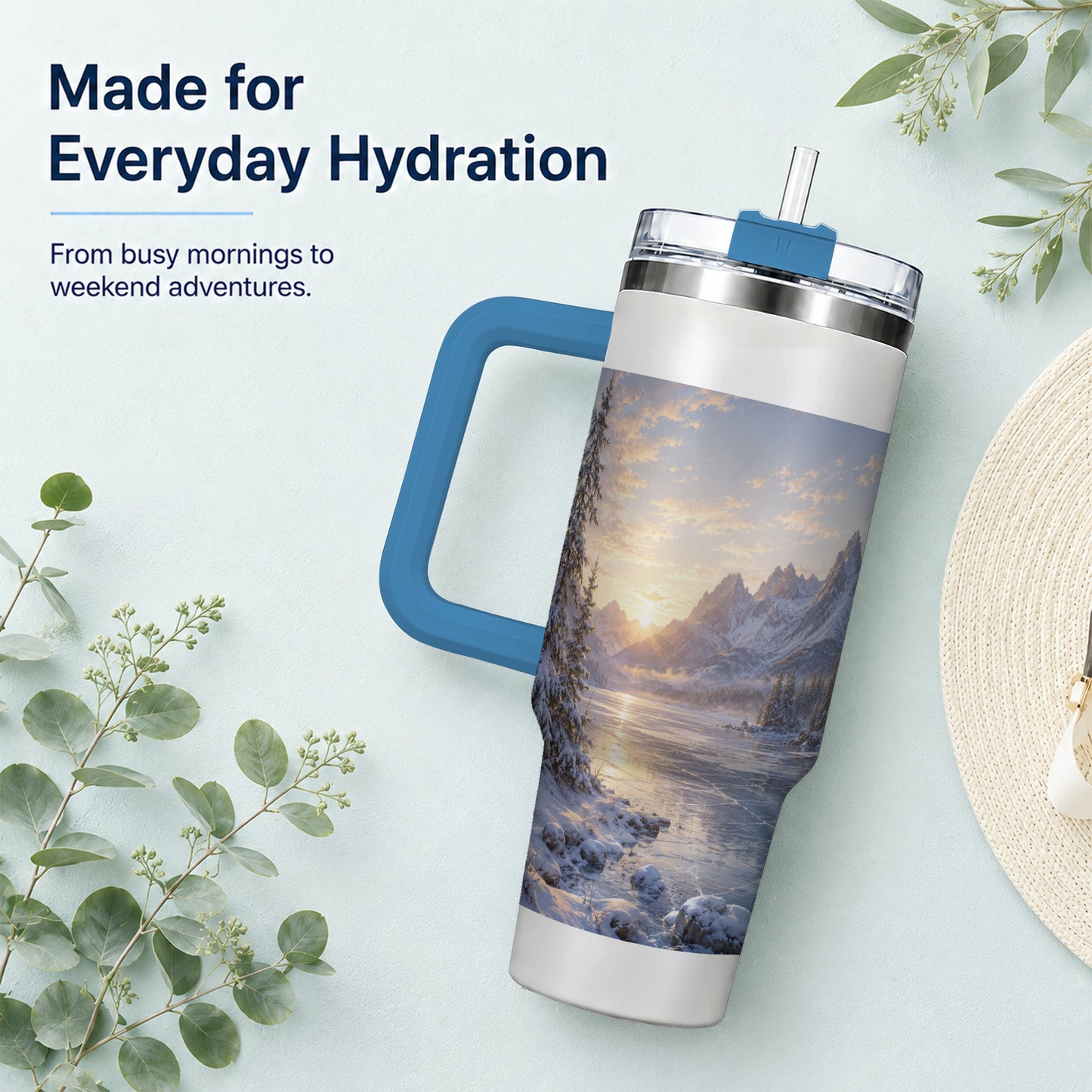 #pl[40oz|Blue] Winter Mountain Sunrise 40oz Tumbler with Handle, Alpine Art