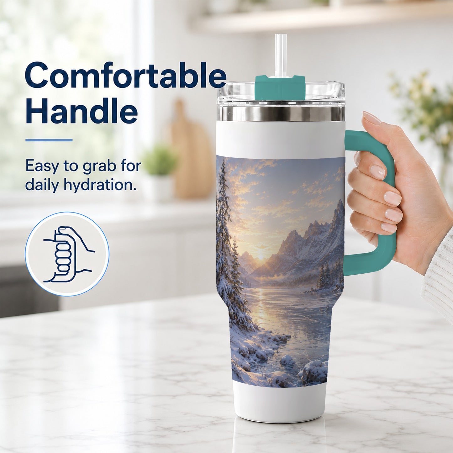 #pl[40oz|Green] Winter Mountain Sunrise 40oz Tumbler with Handle, Alpine Art