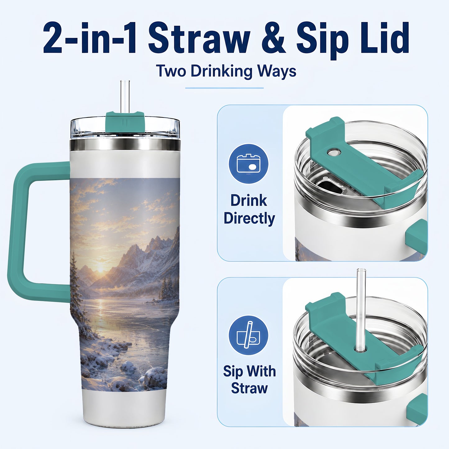 #pl[40oz|Green] Winter Mountain Sunrise 40oz Tumbler with Handle, Alpine Art