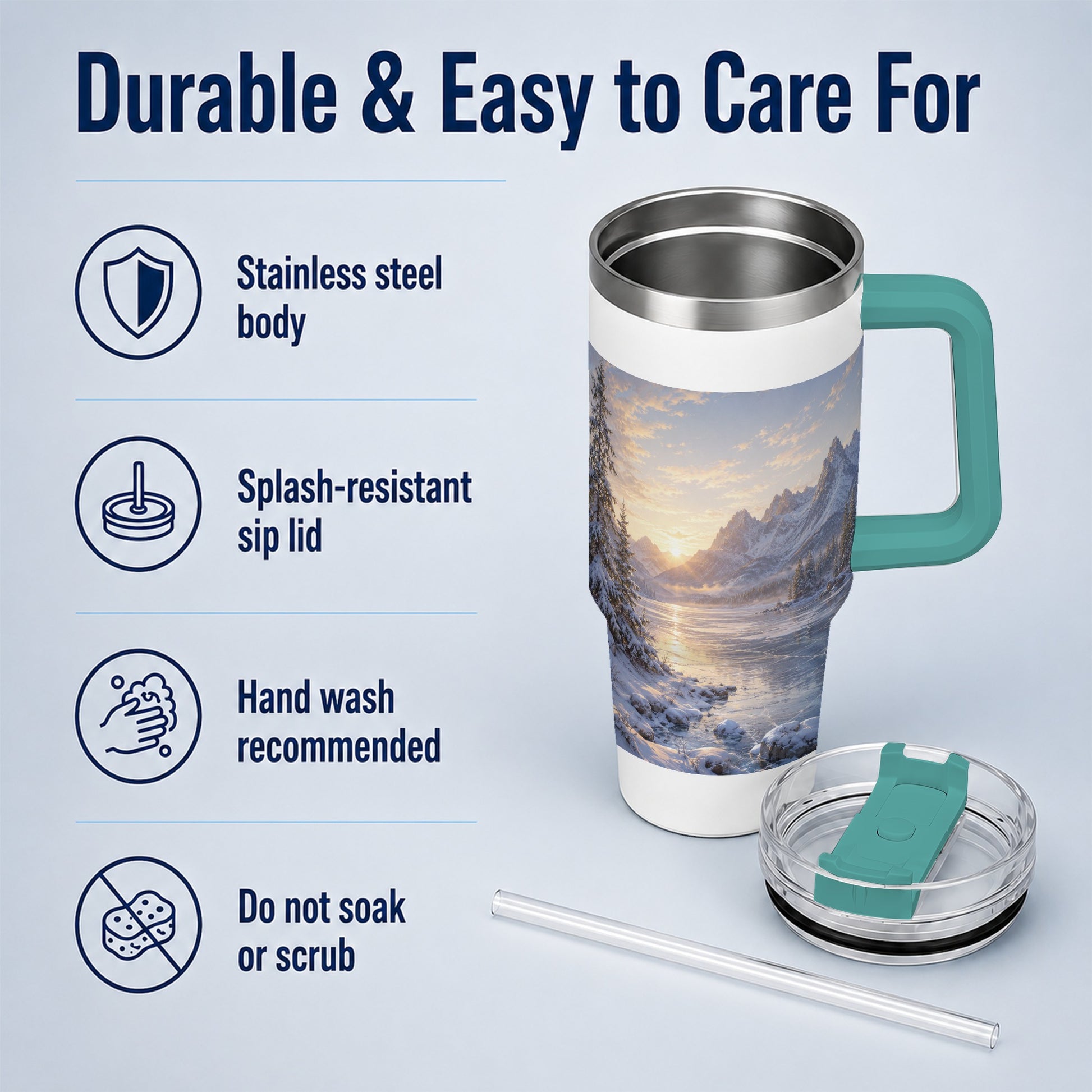 #pl[40oz|Green] Winter Mountain Sunrise 40oz Tumbler with Handle, Alpine Art