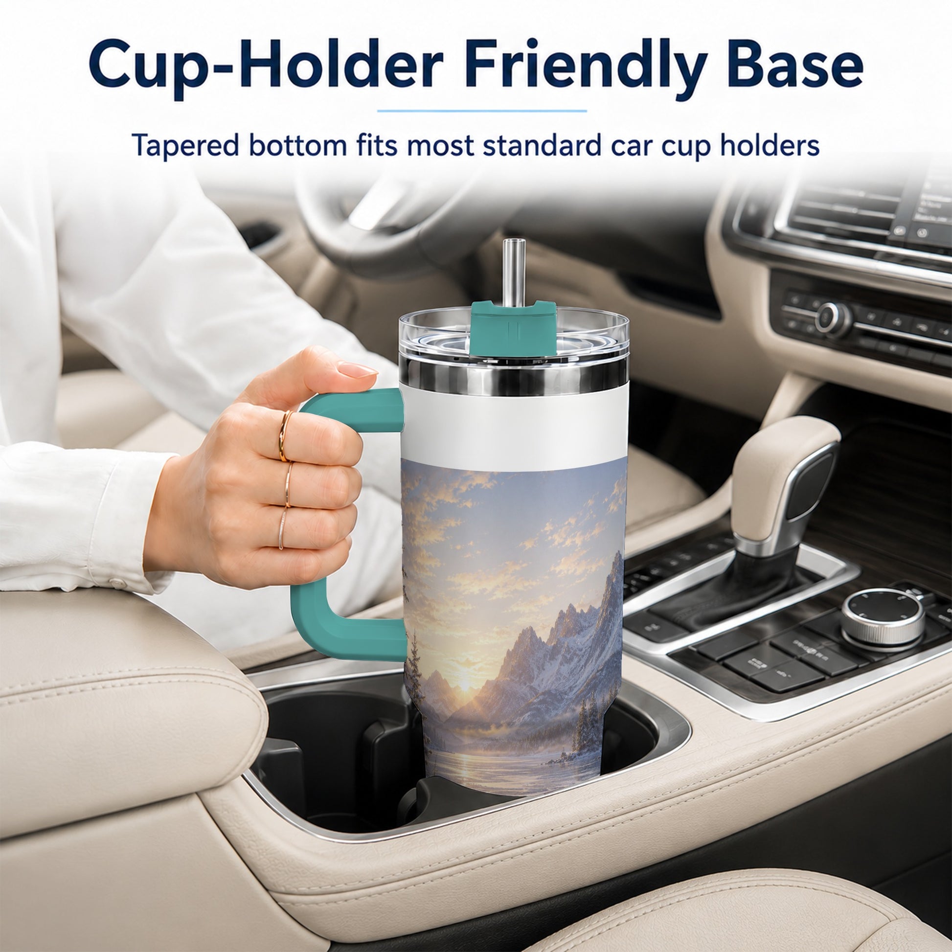 #pl[40oz|Green] Winter Mountain Sunrise 40oz Tumbler with Handle, Alpine Art