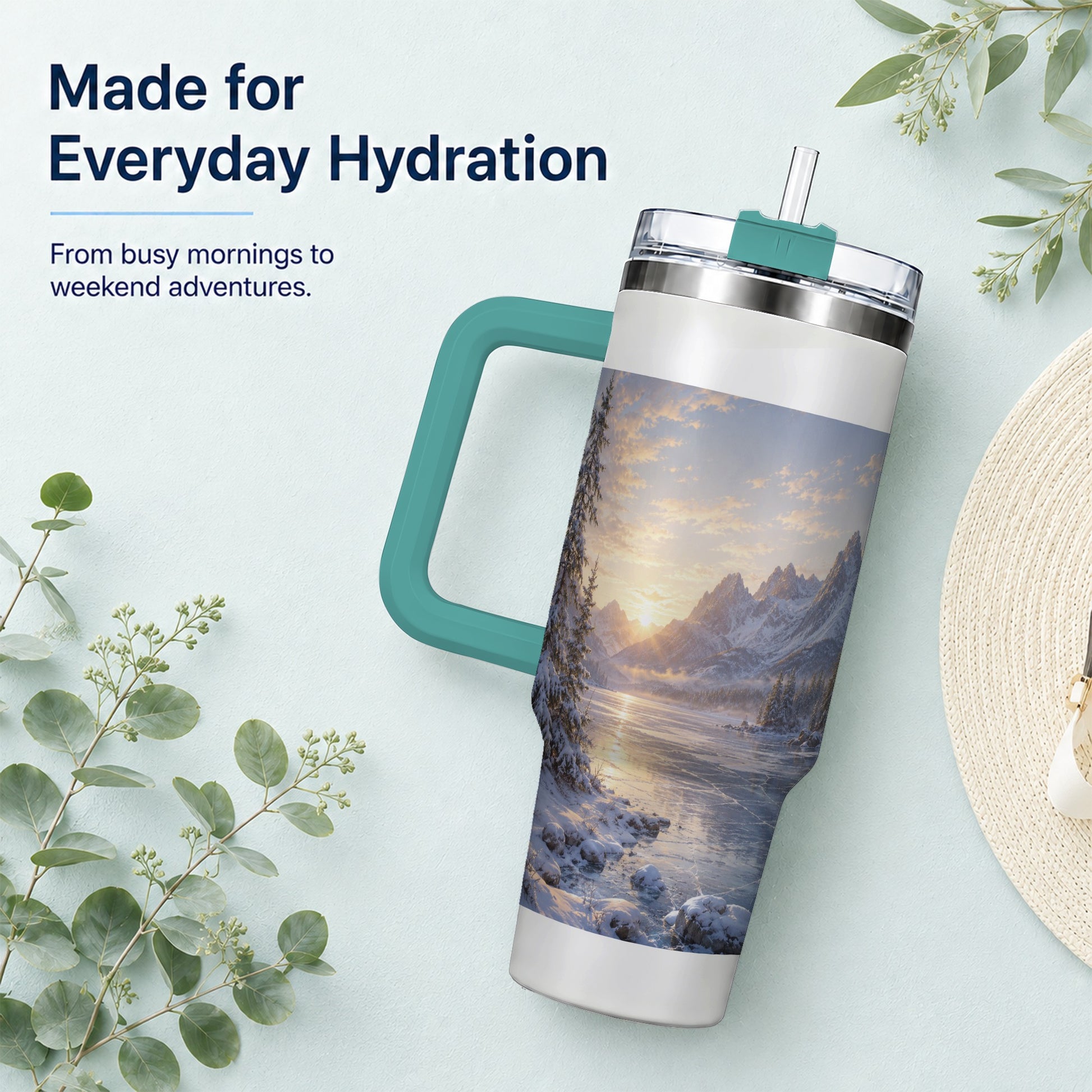 #pl[40oz|Green] Winter Mountain Sunrise 40oz Tumbler with Handle, Alpine Art
