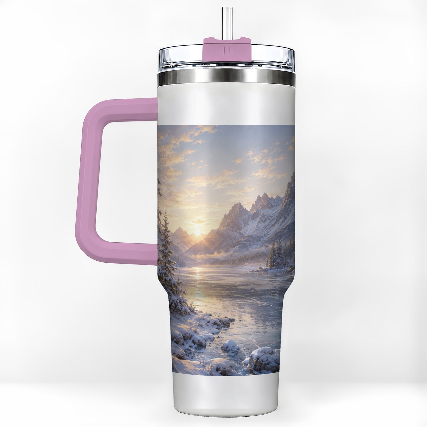 #pl[40oz|Pink] Winter Mountain Sunrise 40oz Tumbler with Handle, Alpine Art