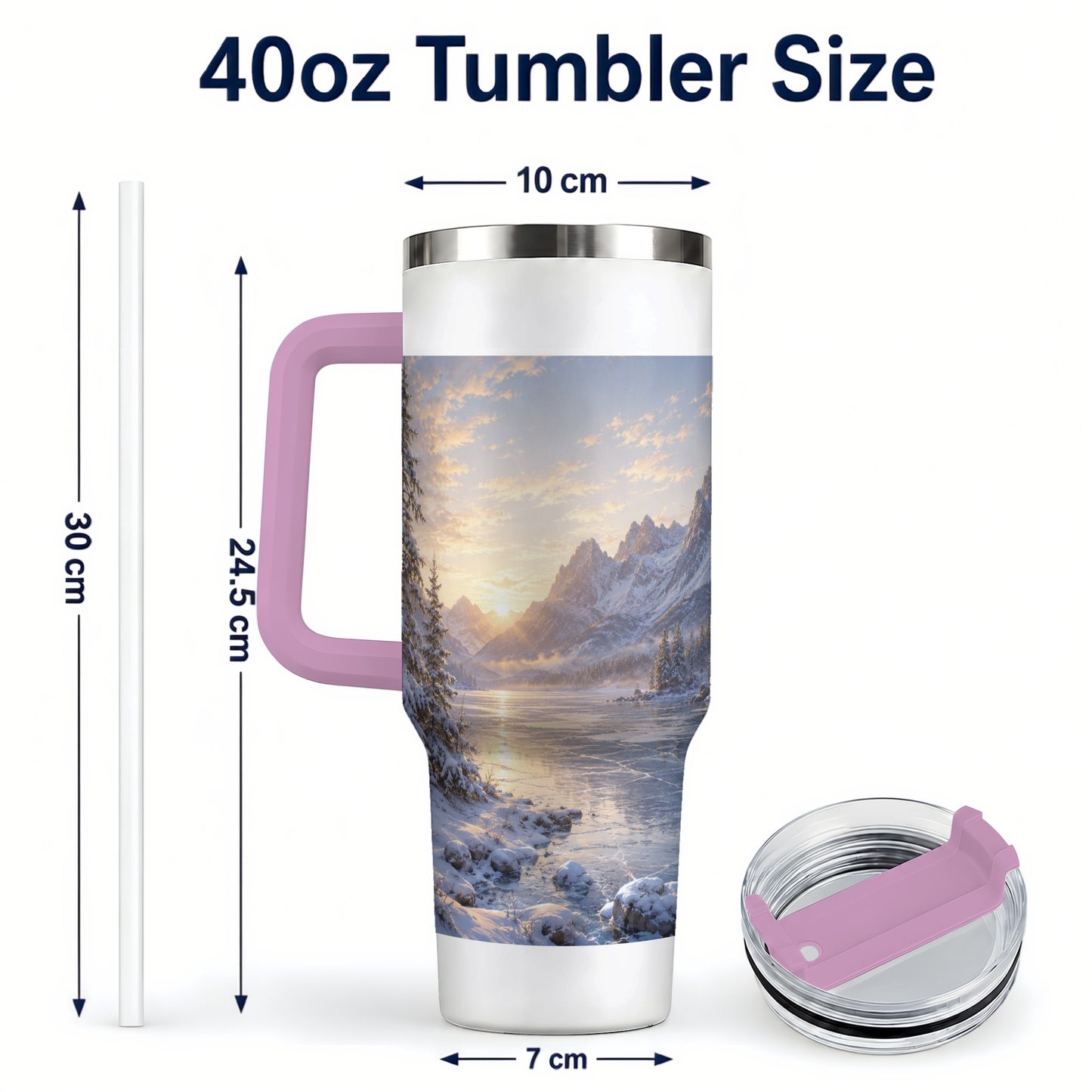 #pl[40oz|Pink] Winter Mountain Sunrise 40oz Tumbler with Handle, Alpine Art