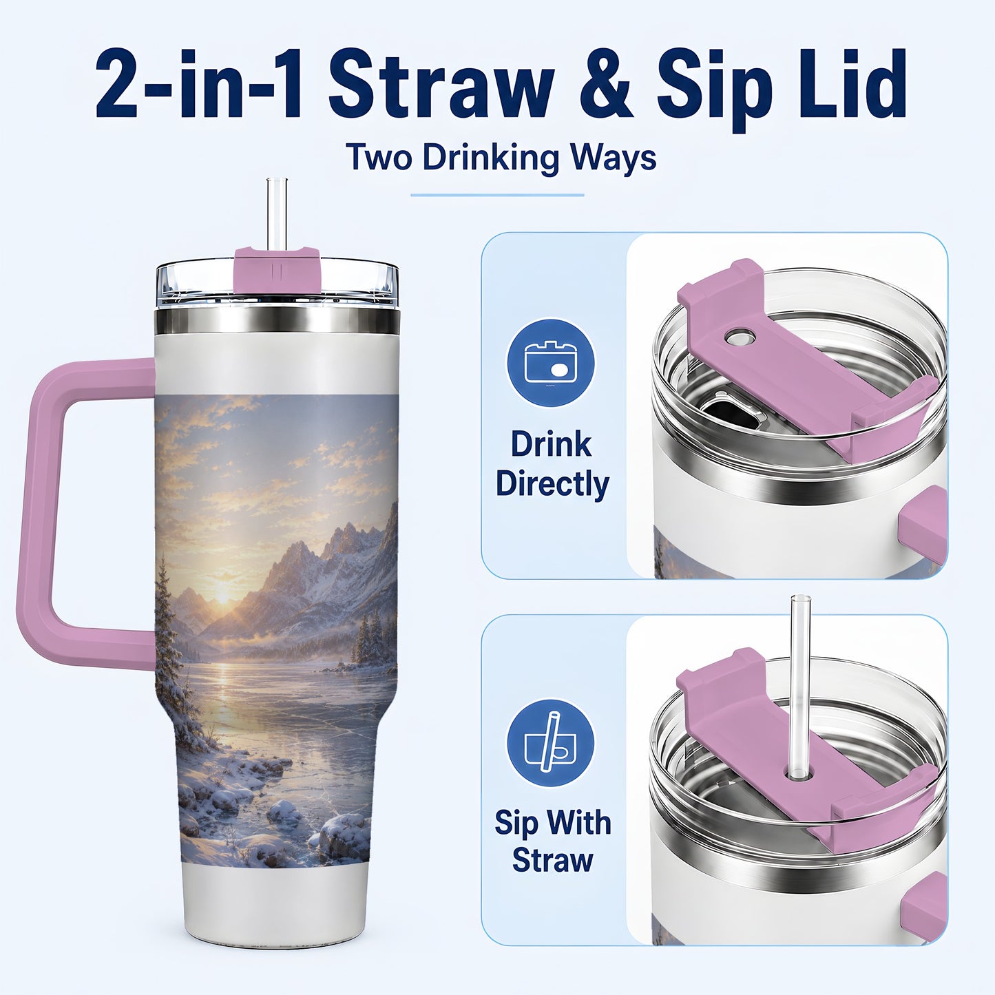 #pl[40oz|Pink] Winter Mountain Sunrise 40oz Tumbler with Handle, Alpine Art