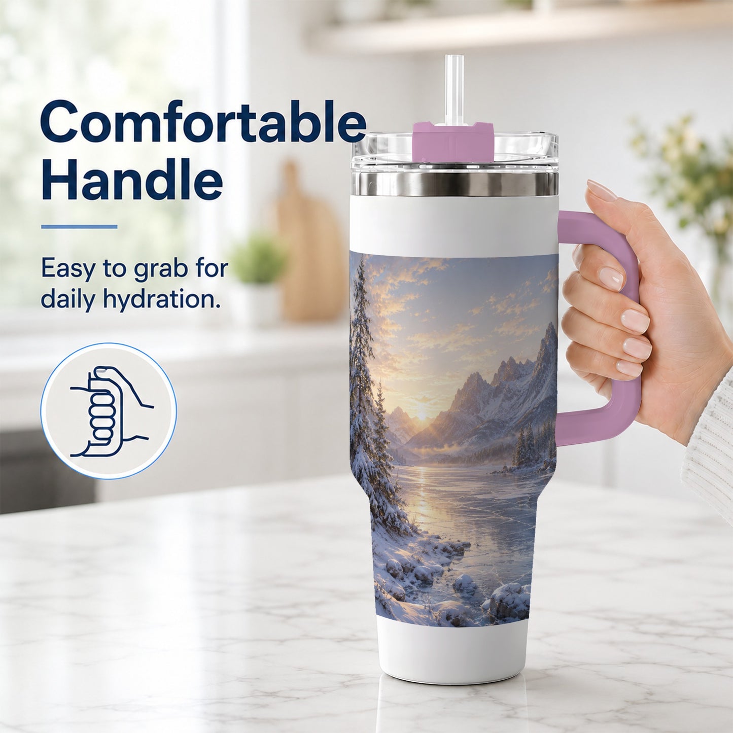 #pl[40oz|Pink] Winter Mountain Sunrise 40oz Tumbler with Handle, Alpine Art