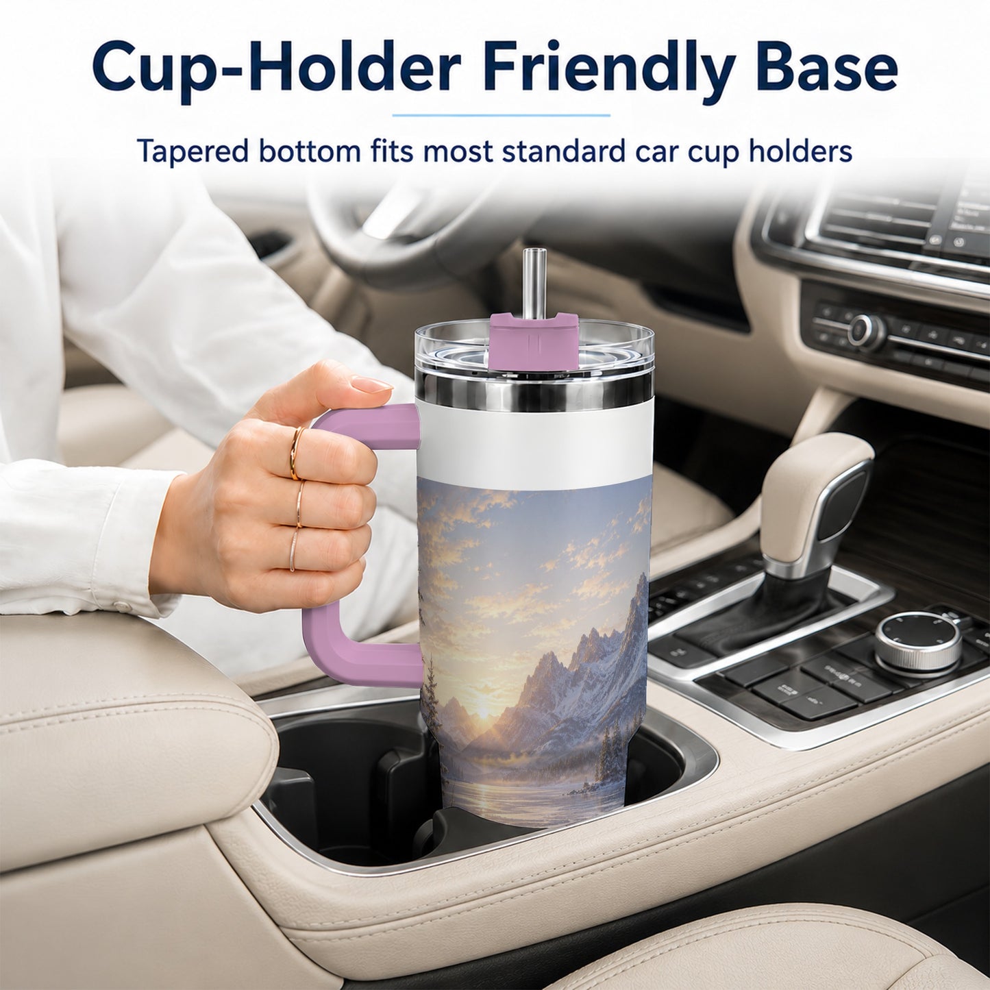 #pl[40oz|Pink] Winter Mountain Sunrise 40oz Tumbler with Handle, Alpine Art