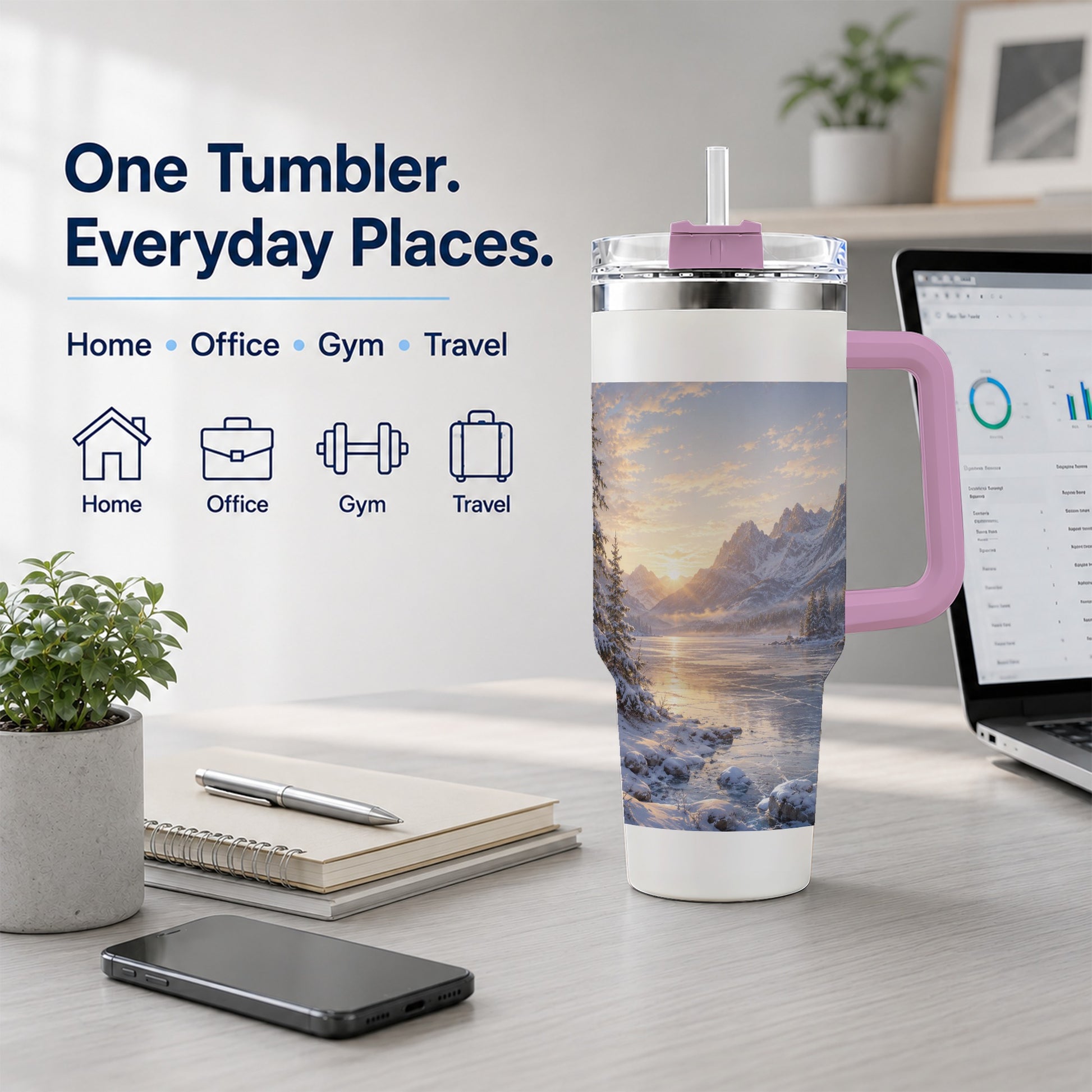 #pl[40oz|Pink] Winter Mountain Sunrise 40oz Tumbler with Handle, Alpine Art