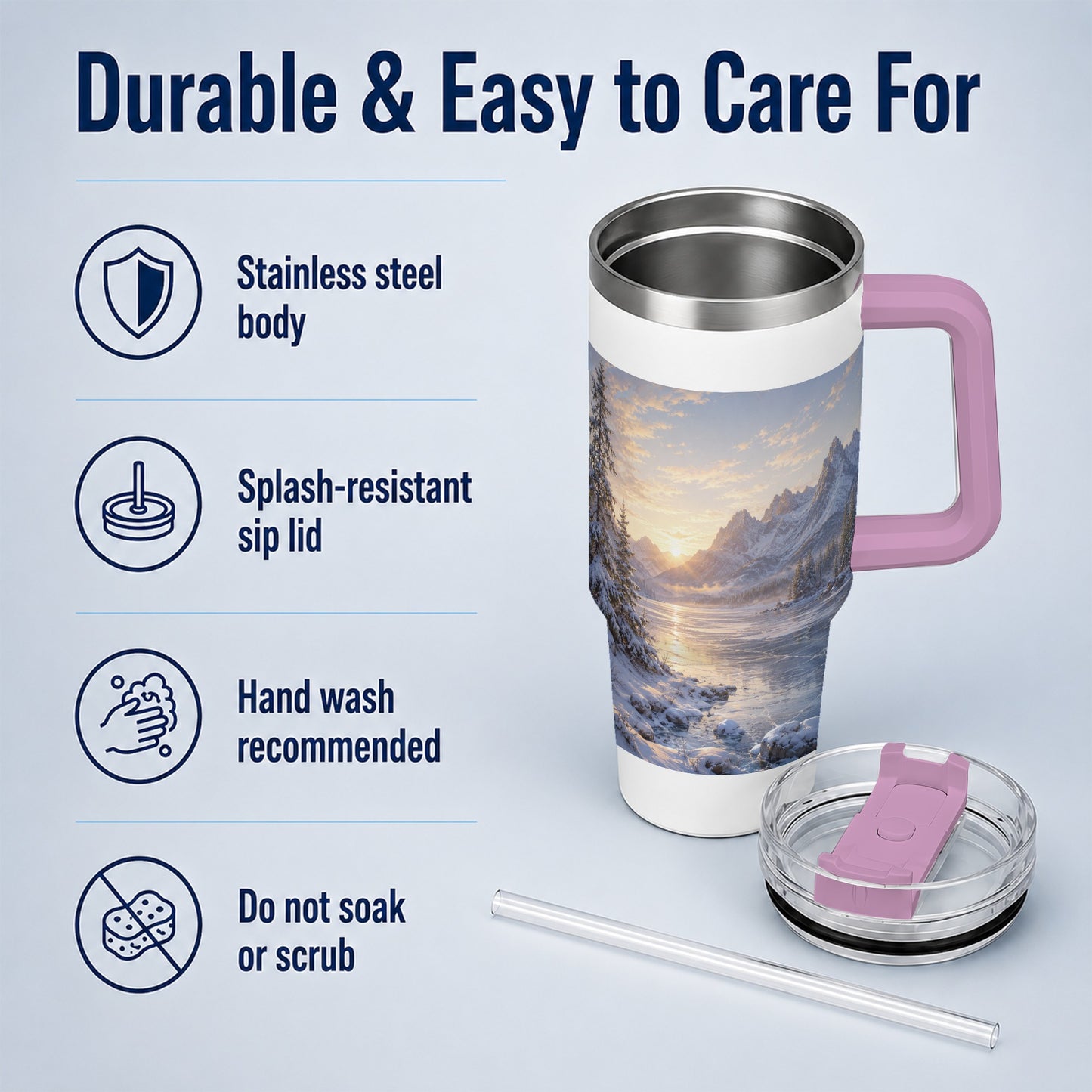 #pl[40oz|Pink] Winter Mountain Sunrise 40oz Tumbler with Handle, Alpine Art