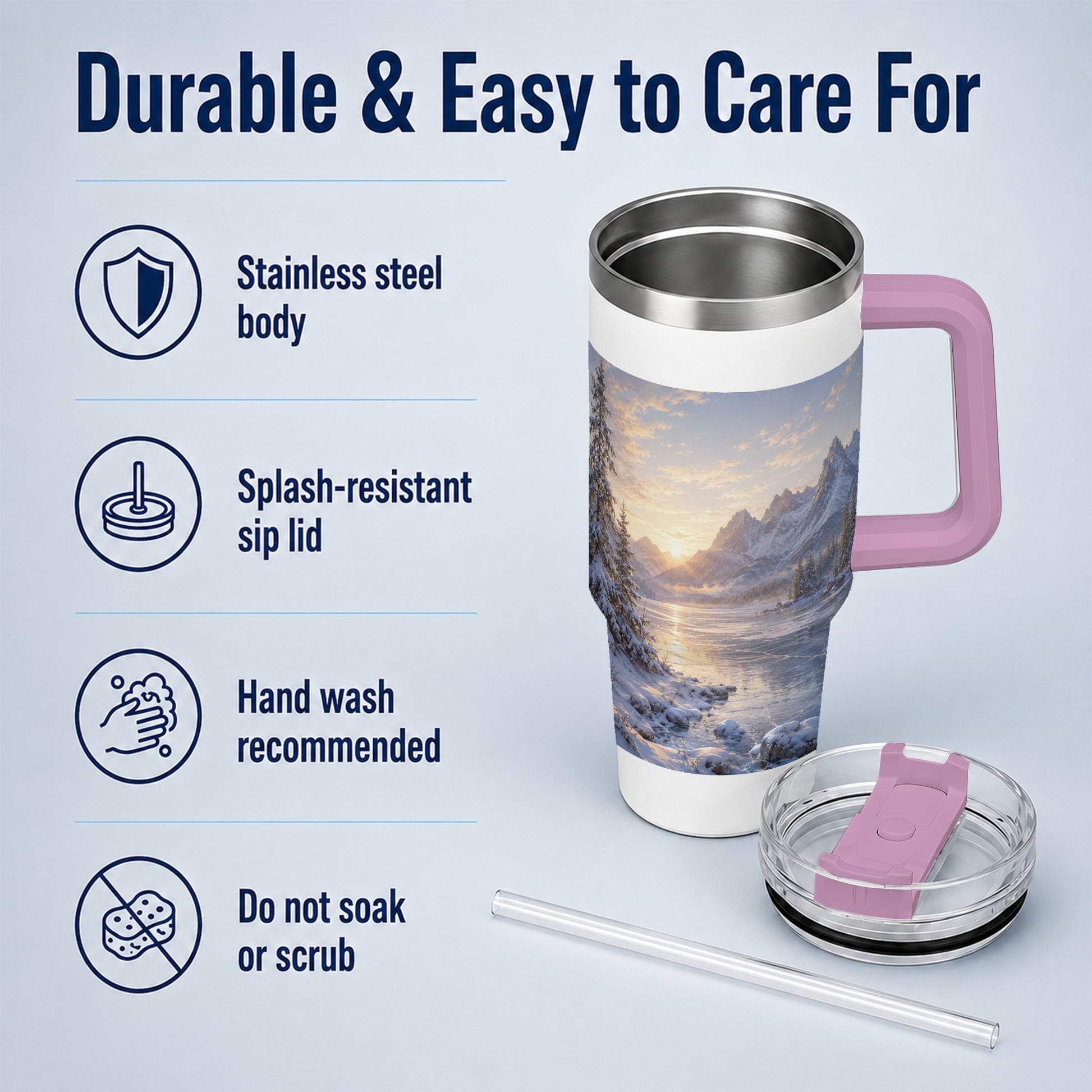 #pl[40oz|Pink] Winter Mountain Sunrise 40oz Tumbler with Handle, Alpine Art