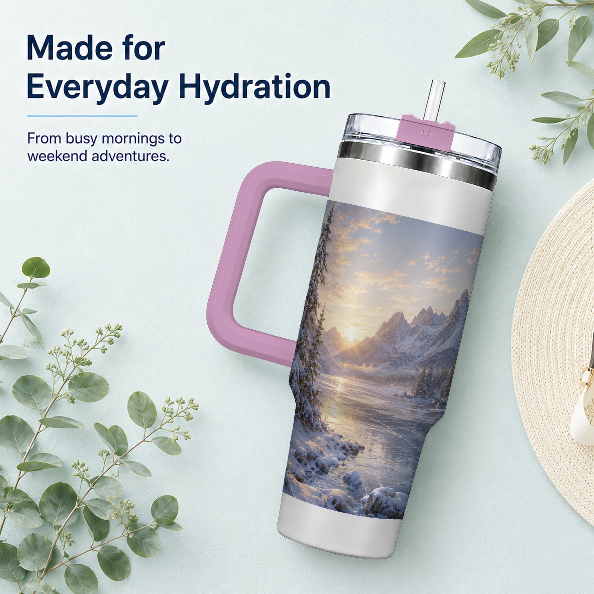 #pl[40oz|Pink] Winter Mountain Sunrise 40oz Tumbler with Handle, Alpine Art