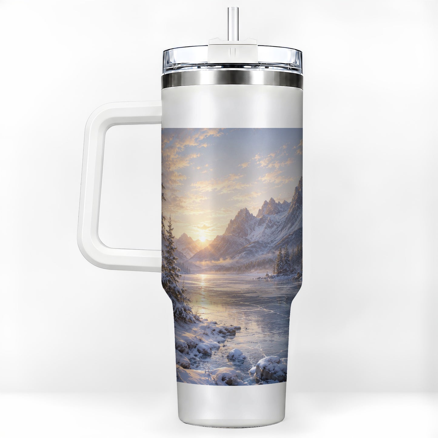 Winter Mountain Sunrise 40oz Tumbler with Handle, Alpine Art