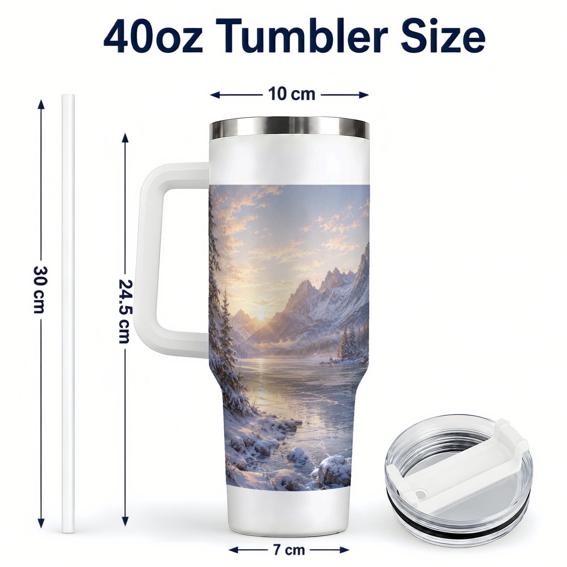 #pl[40oz|White] Winter Mountain Sunrise 40oz Tumbler with Handle, Alpine Art