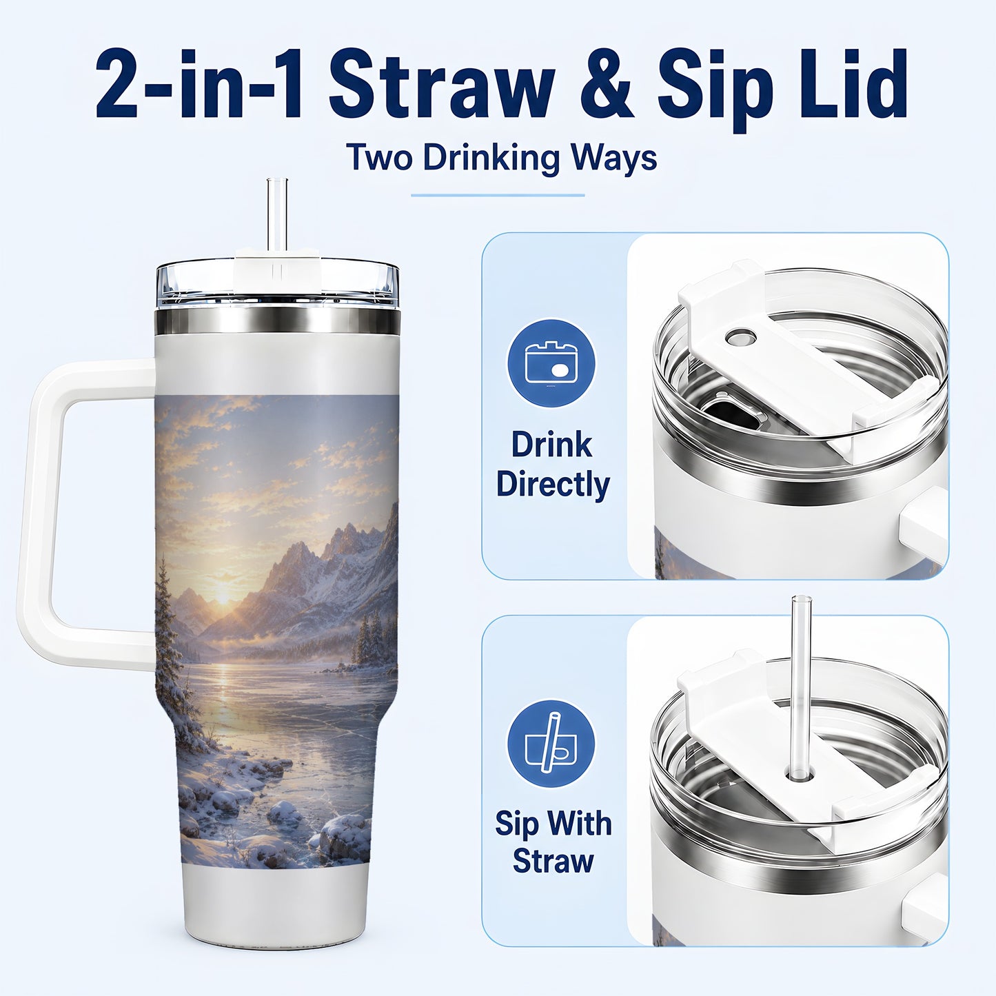 #pl[40oz|White] Winter Mountain Sunrise 40oz Tumbler with Handle, Alpine Art