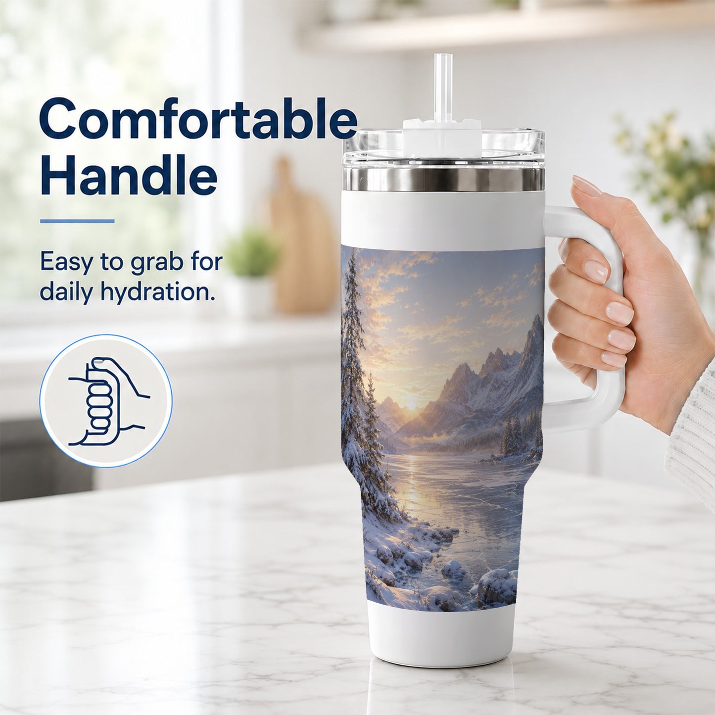 #pl[40oz|White] Winter Mountain Sunrise 40oz Tumbler with Handle, Alpine Art