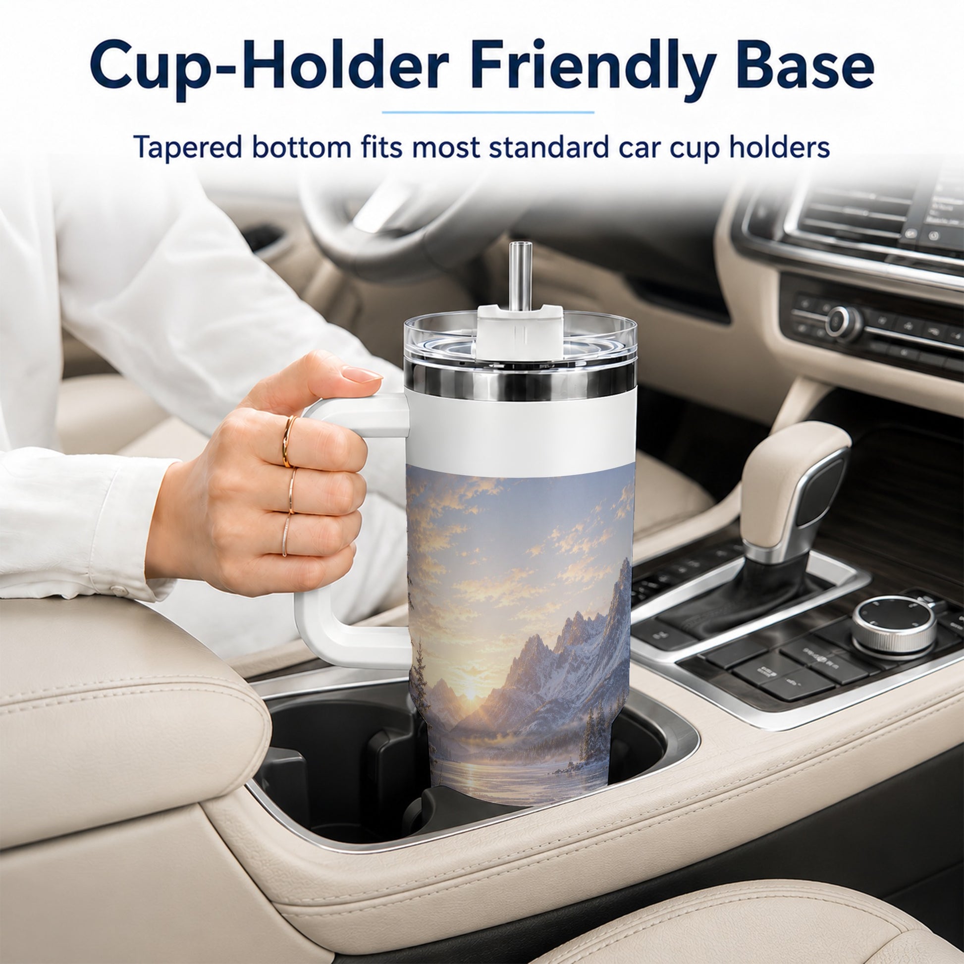 #pl[40oz|White] Winter Mountain Sunrise 40oz Tumbler with Handle, Alpine Art