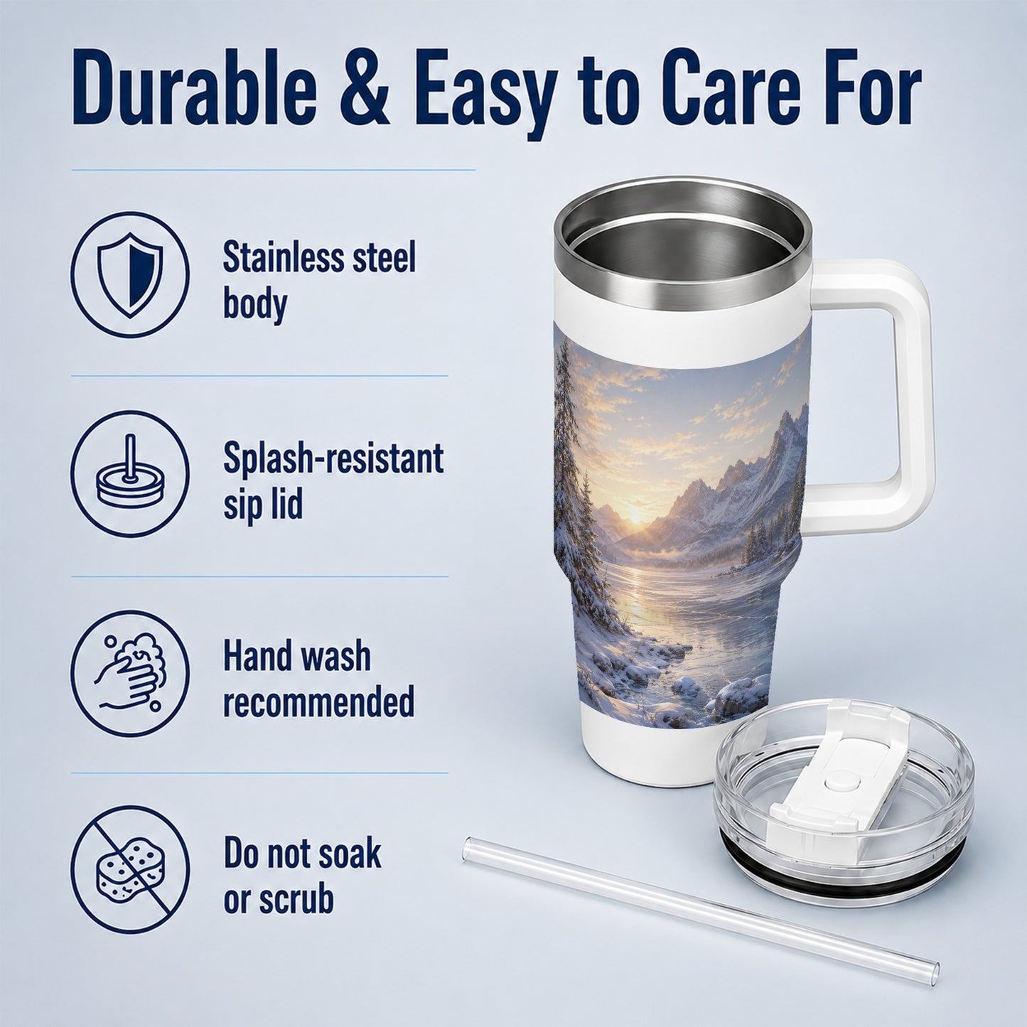 #pl[40oz|White] Winter Mountain Sunrise 40oz Tumbler with Handle, Alpine Art