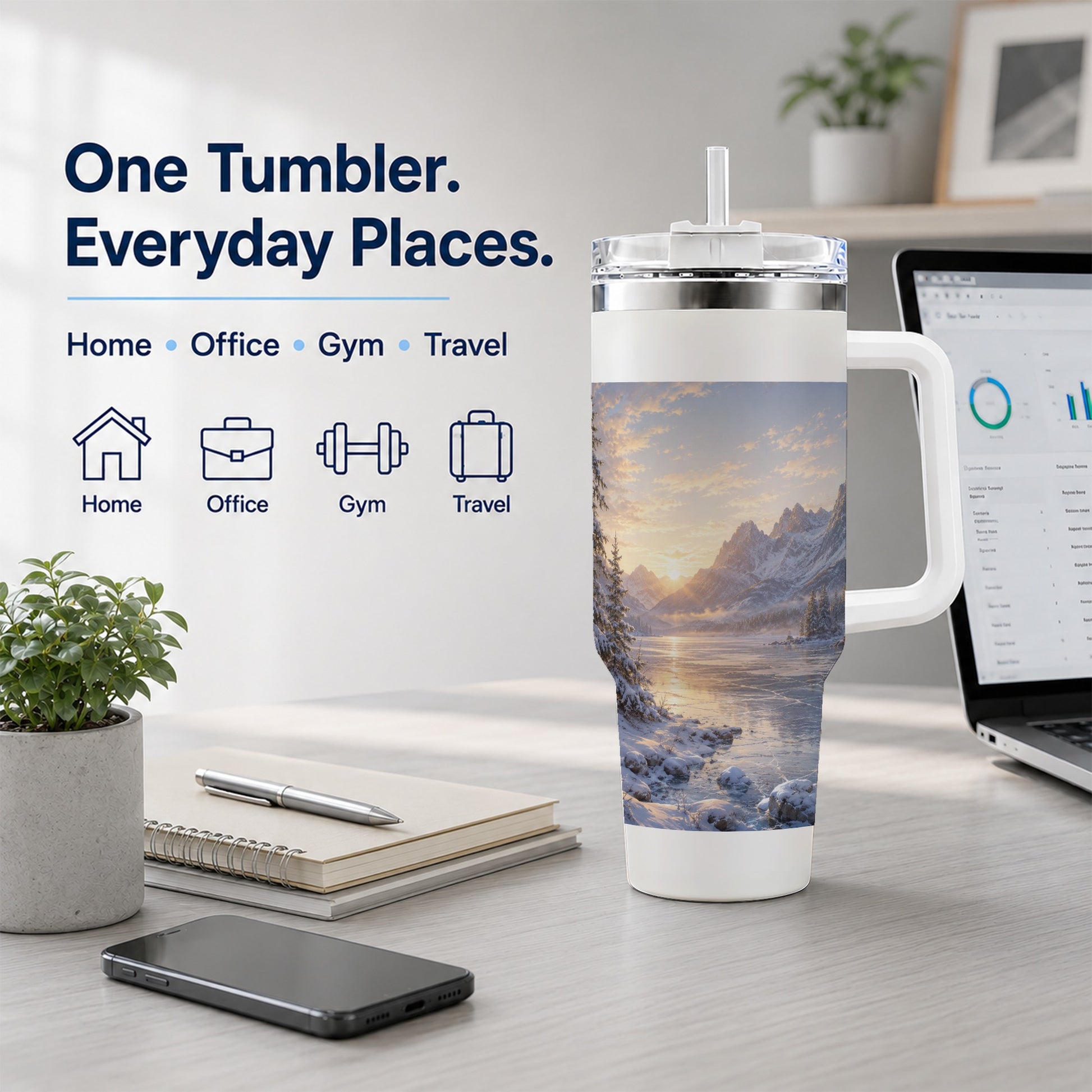 #pl[40oz|White] Winter Mountain Sunrise 40oz Tumbler with Handle, Alpine Art