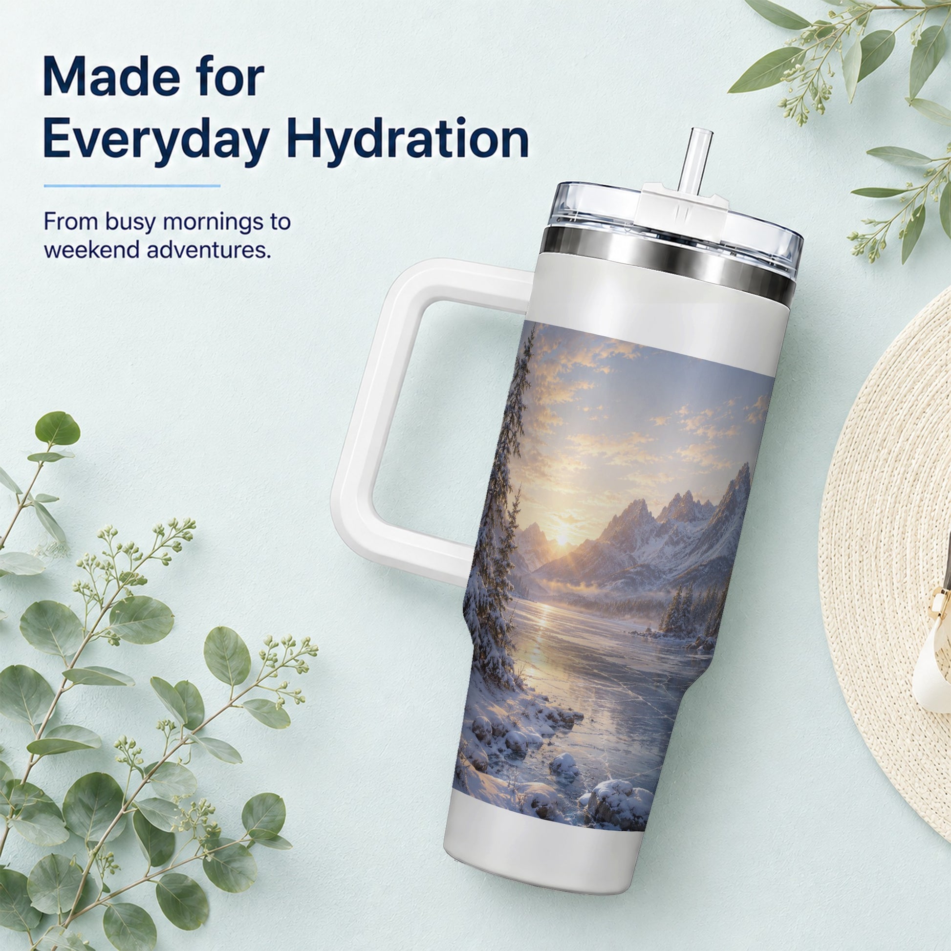 #pl[40oz|White] Winter Mountain Sunrise 40oz Tumbler with Handle, Alpine Art