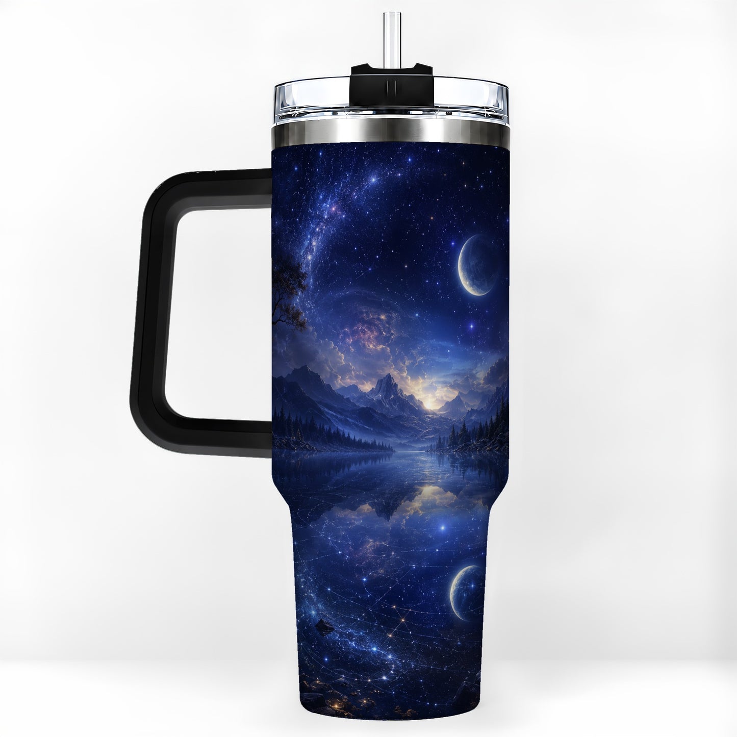 #pl[40oz|Black] Cosmic Lake 40oz Tumbler with Handle, Moonlit Celestial Art