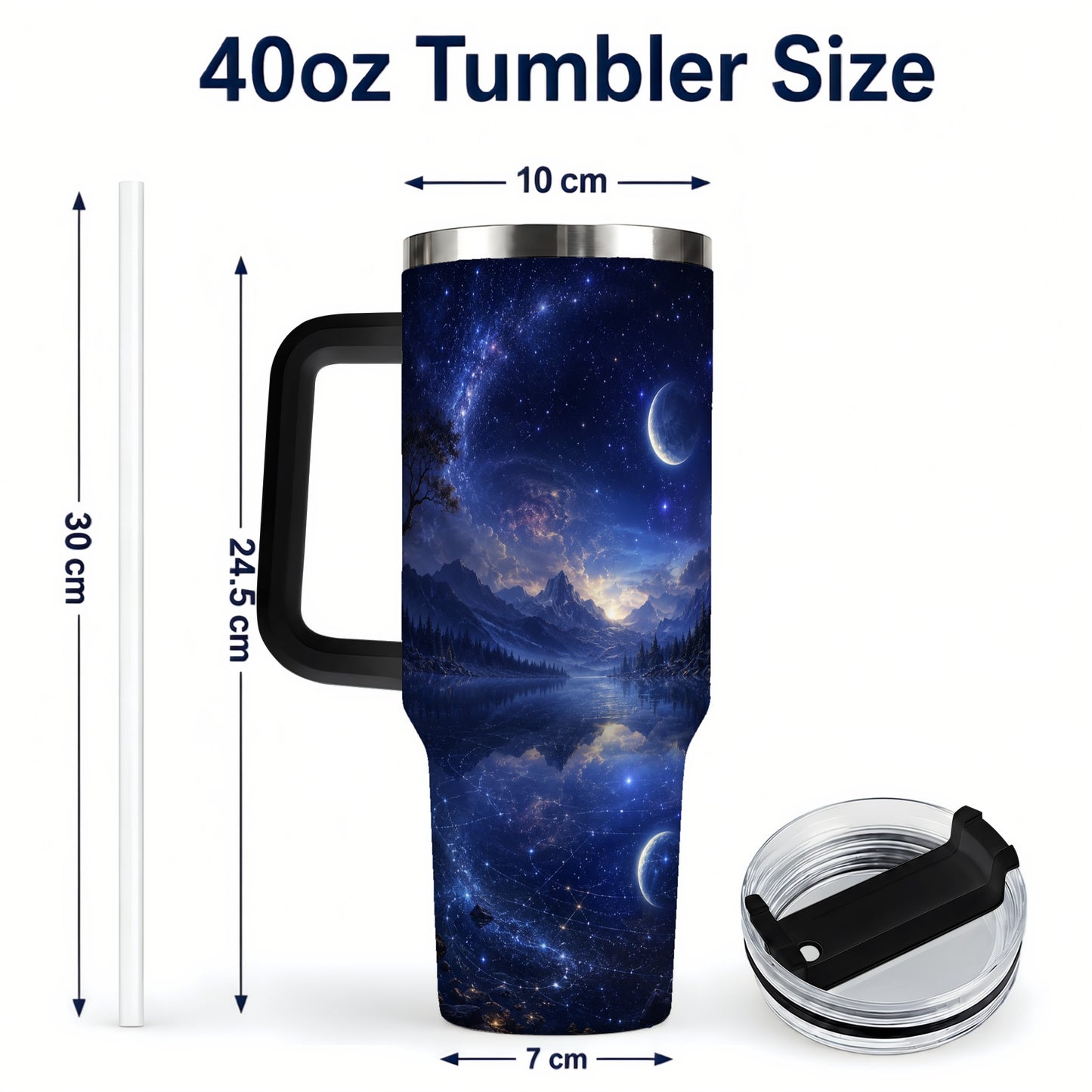 #pl[40oz|Black] Cosmic Lake 40oz Tumbler with Handle, Moonlit Celestial Art