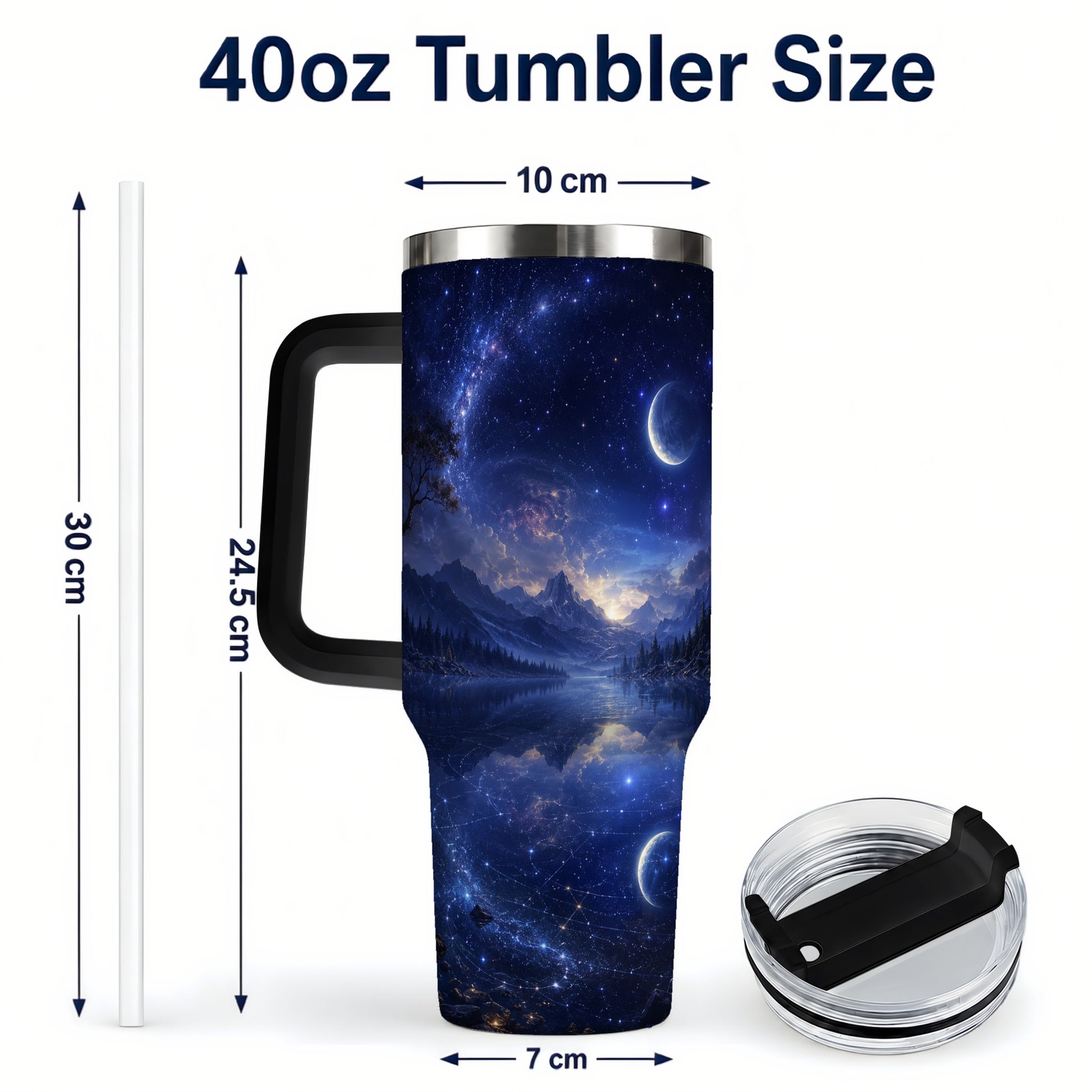 #pl[40oz|Black] Cosmic Lake 40oz Tumbler with Handle, Moonlit Celestial Art