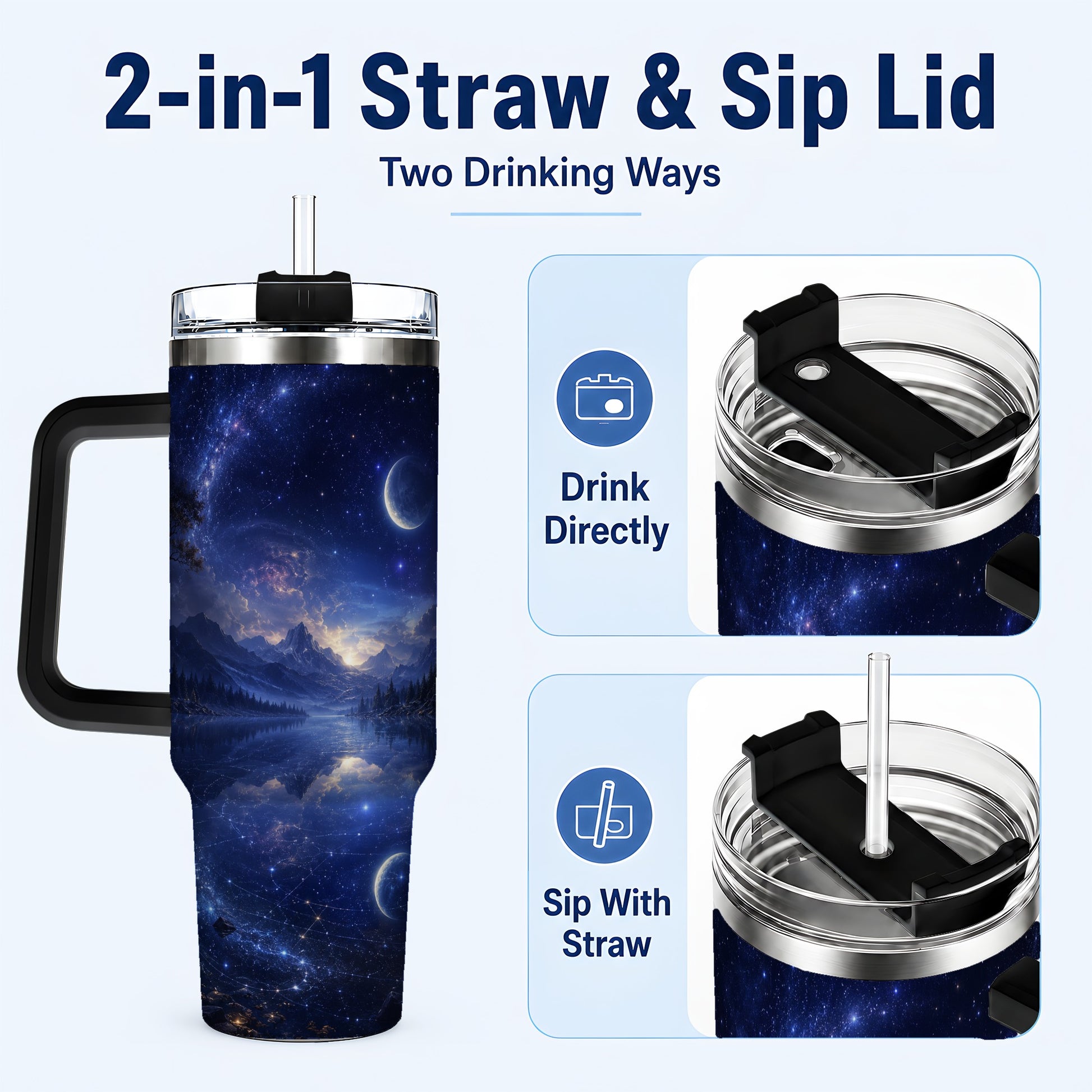 #pl[40oz|Black] Cosmic Lake 40oz Tumbler with Handle, Moonlit Celestial Art