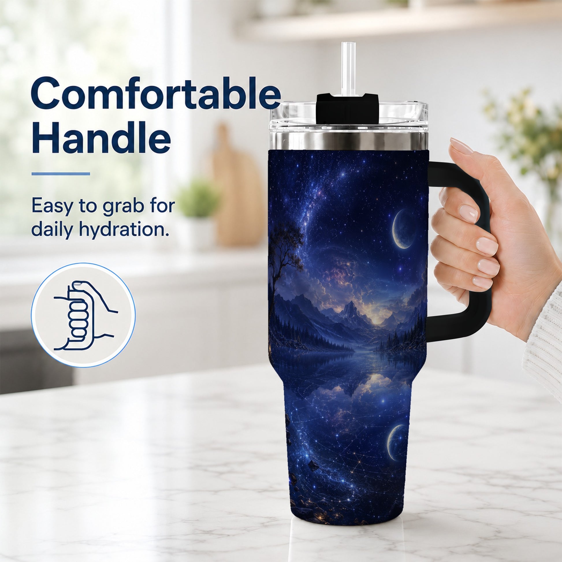 #pl[40oz|Black] Cosmic Lake 40oz Tumbler with Handle, Moonlit Celestial Art
