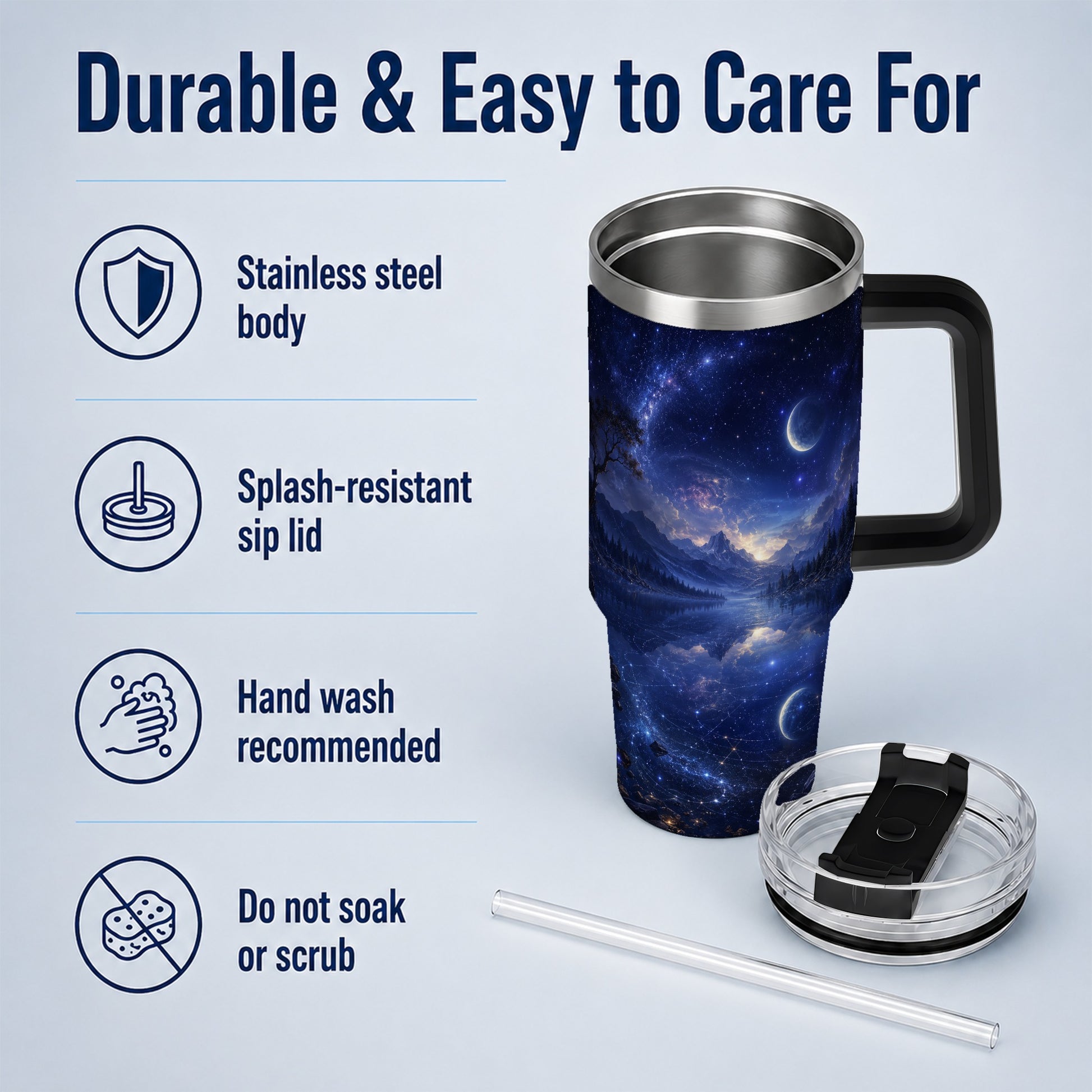#pl[40oz|Black] Cosmic Lake 40oz Tumbler with Handle, Moonlit Celestial Art