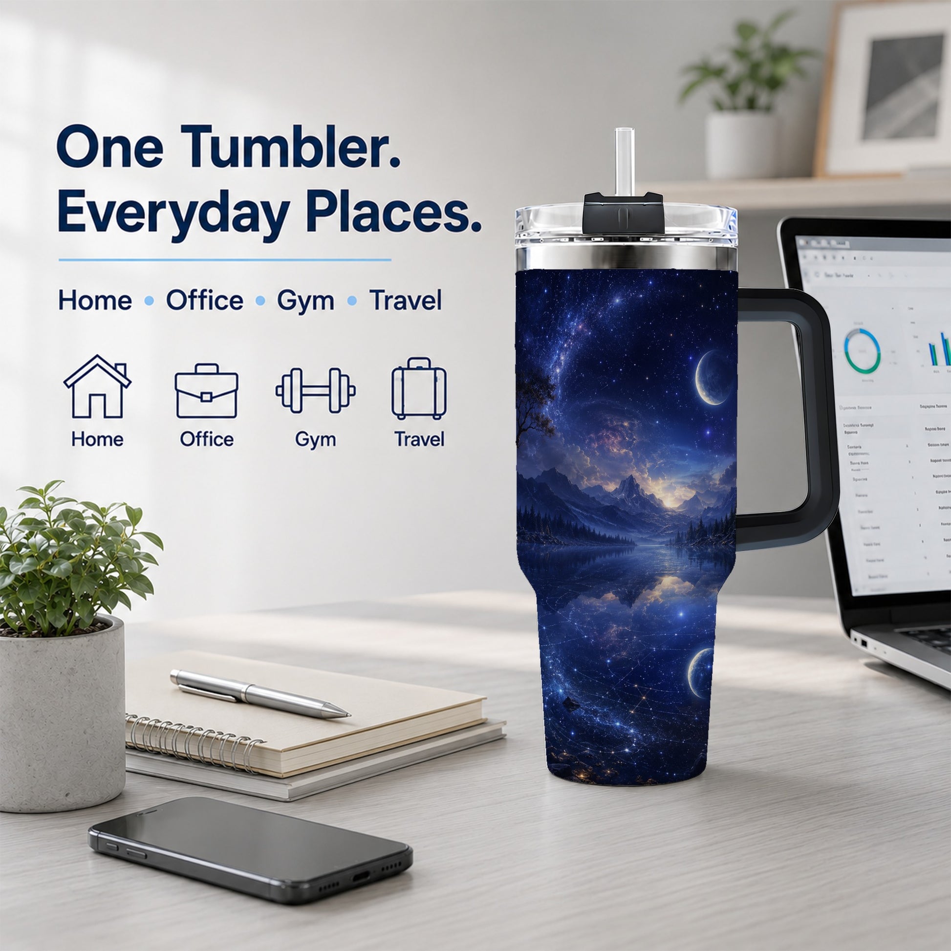 #pl[40oz|Black] Cosmic Lake 40oz Tumbler with Handle, Moonlit Celestial Art