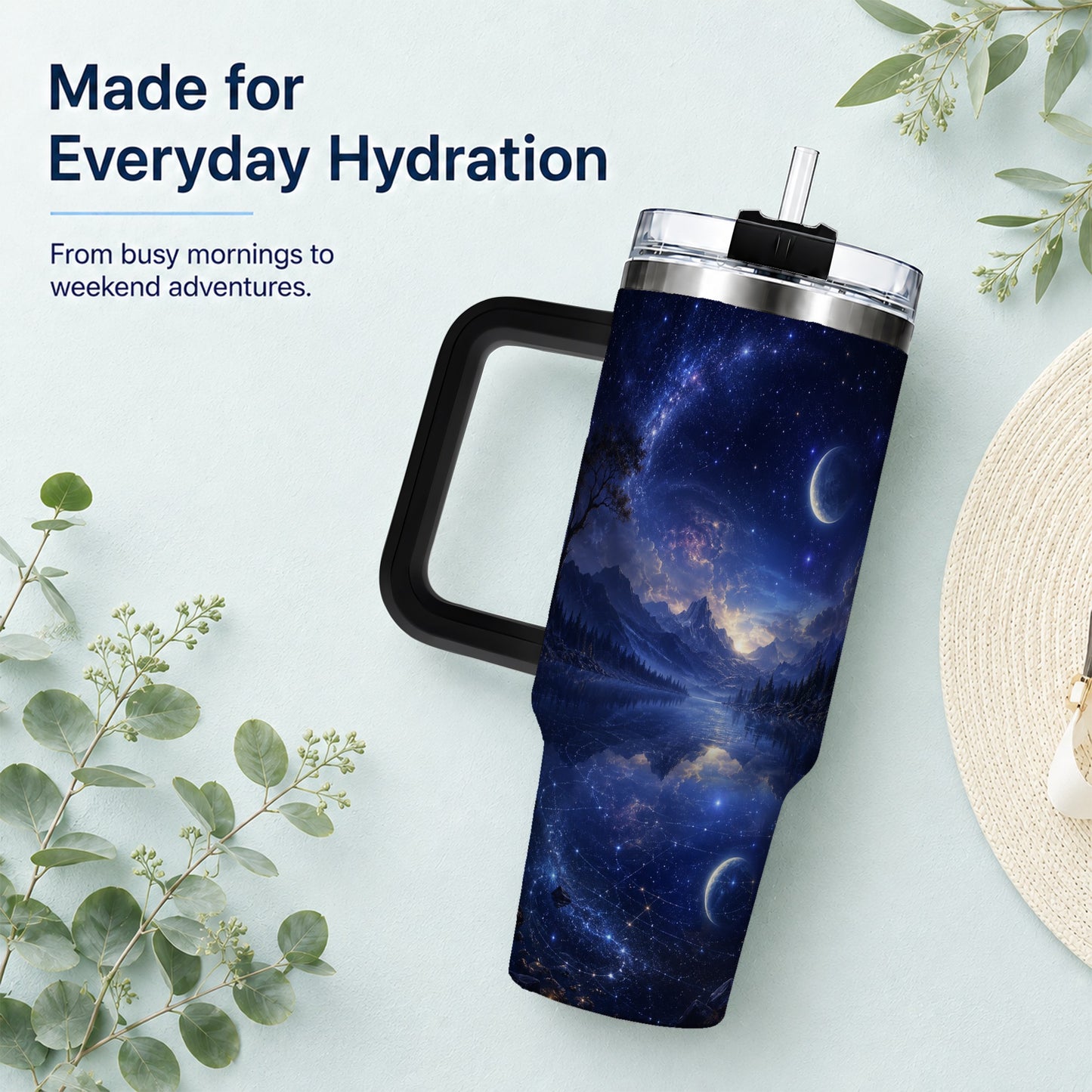 #pl[40oz|Black] Cosmic Lake 40oz Tumbler with Handle, Moonlit Celestial Art