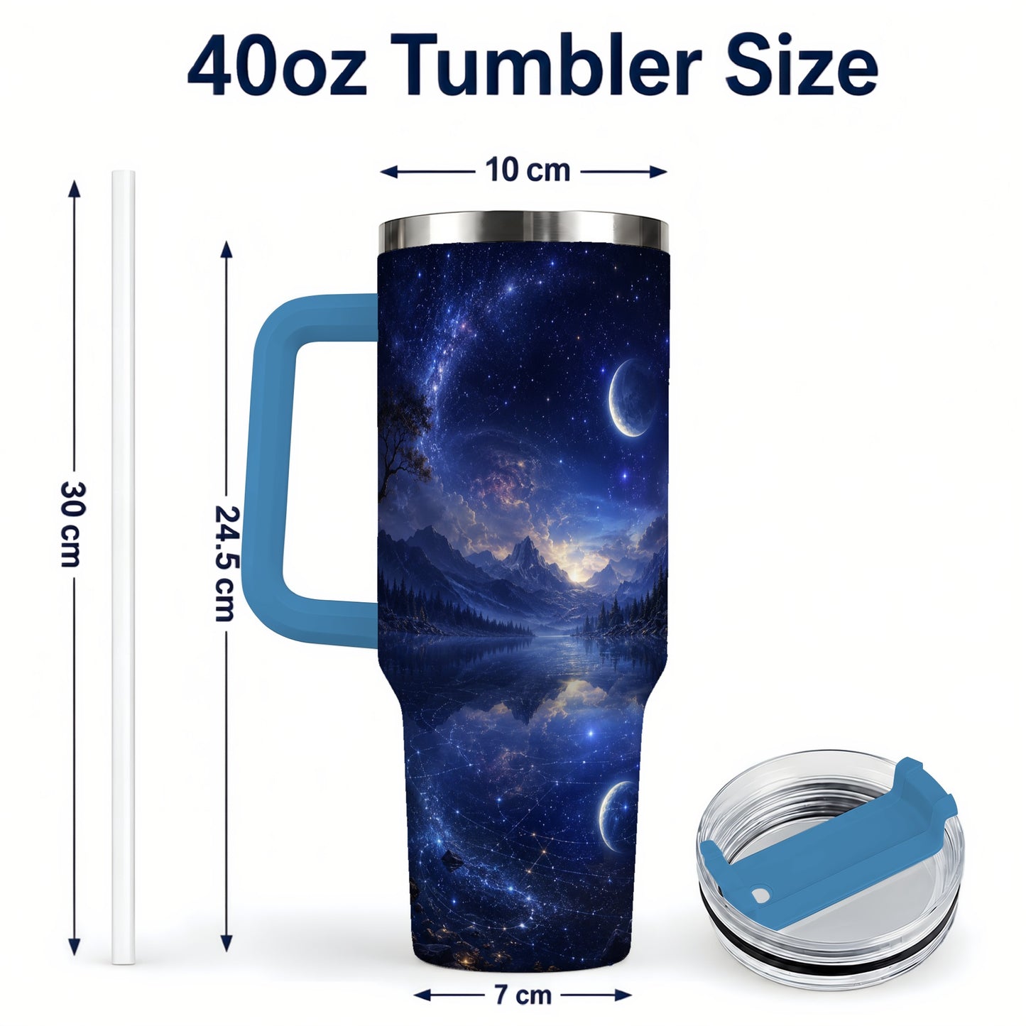 #pl[40oz|Blue] Cosmic Lake 40oz Tumbler with Handle, Moonlit Celestial Art