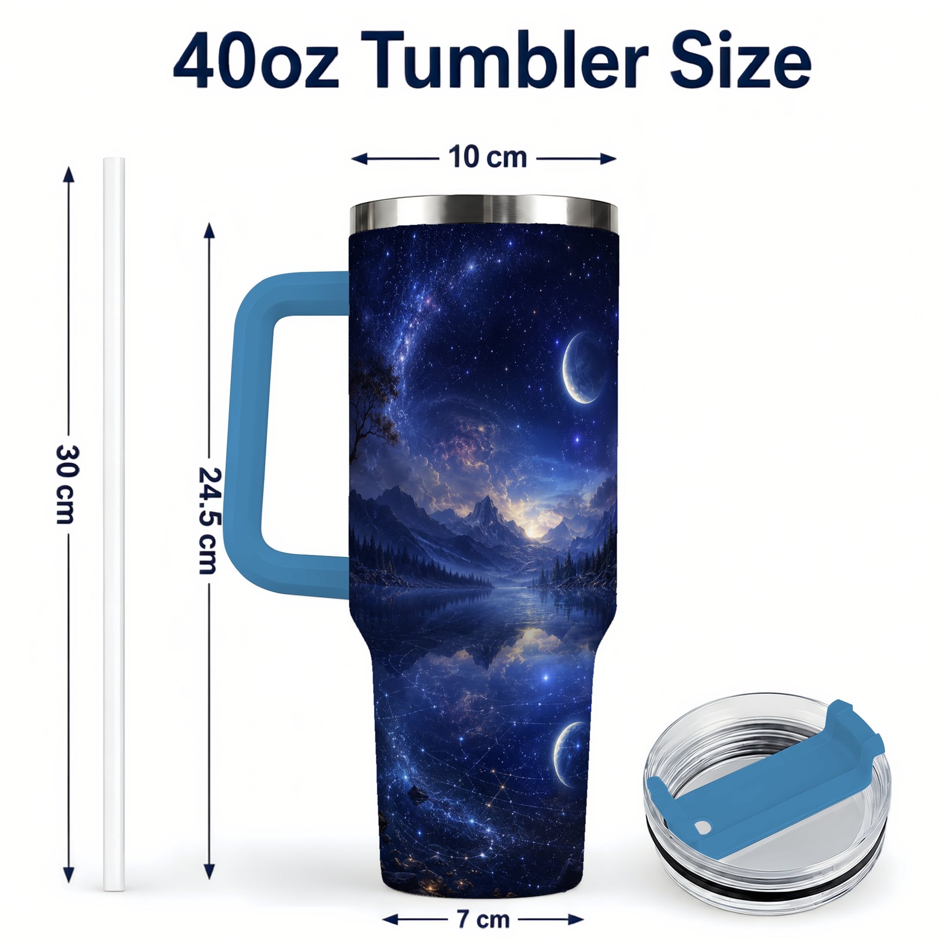 #pl[40oz|Blue] Cosmic Lake 40oz Tumbler with Handle, Moonlit Celestial Art